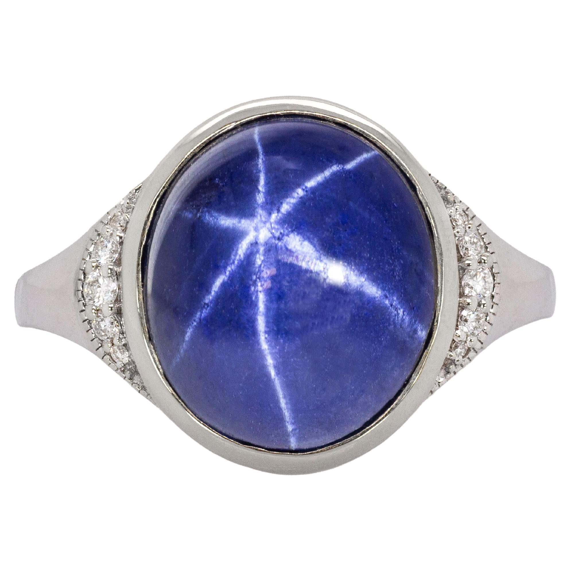 Anello con zaffiro a stella da 8,6 carati e diamanti naturali: Oro bianco massiccio 14K, 13x11mm