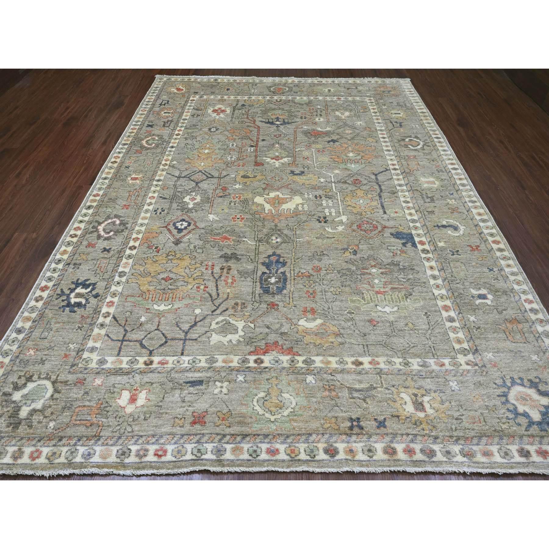 Khaki Brown, 100% Wool, Afghan Angora Oushak with All Over Pattern, Hand Knotted, Vegetable Dyes, Oriental Rug
Primary materials: Wool
Latex: No Pile 
height: 0.25 Inches
Style: Transitional
Primary color: Brown
Secondary colors: Green, Orange,