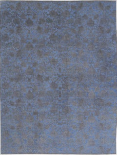 8.6x11.2 ft Hand Knotted Blue and Gray Area Rug. Floral Botanical Design Carpet