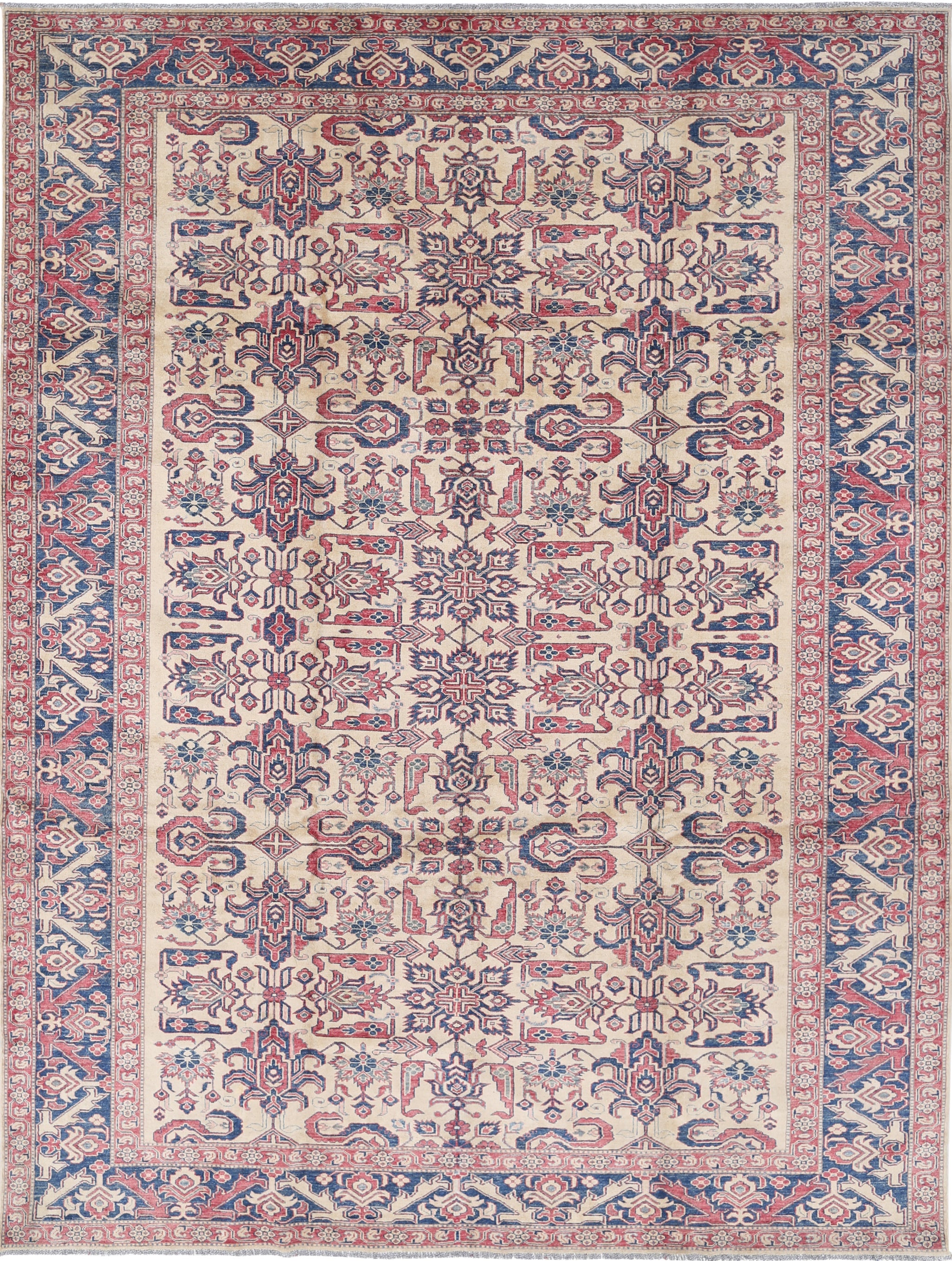 8.6x11.4 ft Hand Knotted Red, Navy Blue and Ivory Area Rug with Floral Design
