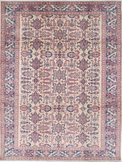 8.6x11.4 ft Hand Knotted Red, Navy Blue and Ivory Area Rug with Floral Design