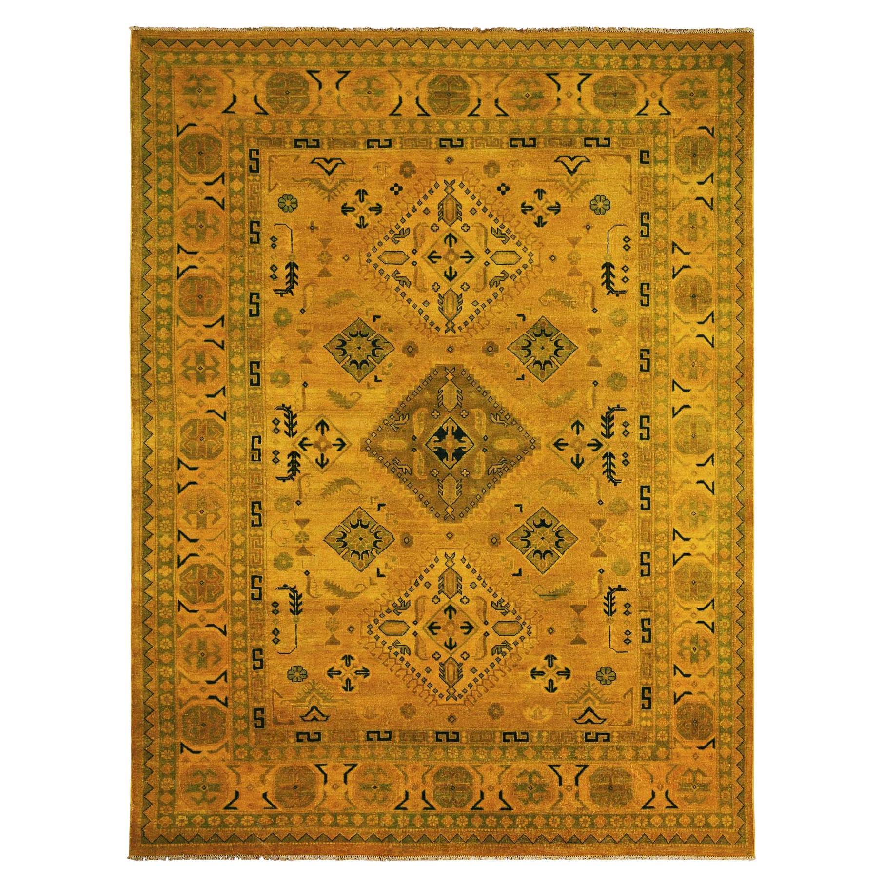 8
6 "x11
4" Golden Yellow Overdyed Kazak Geometric Design Hand Knotted Wool Rug im Angebot