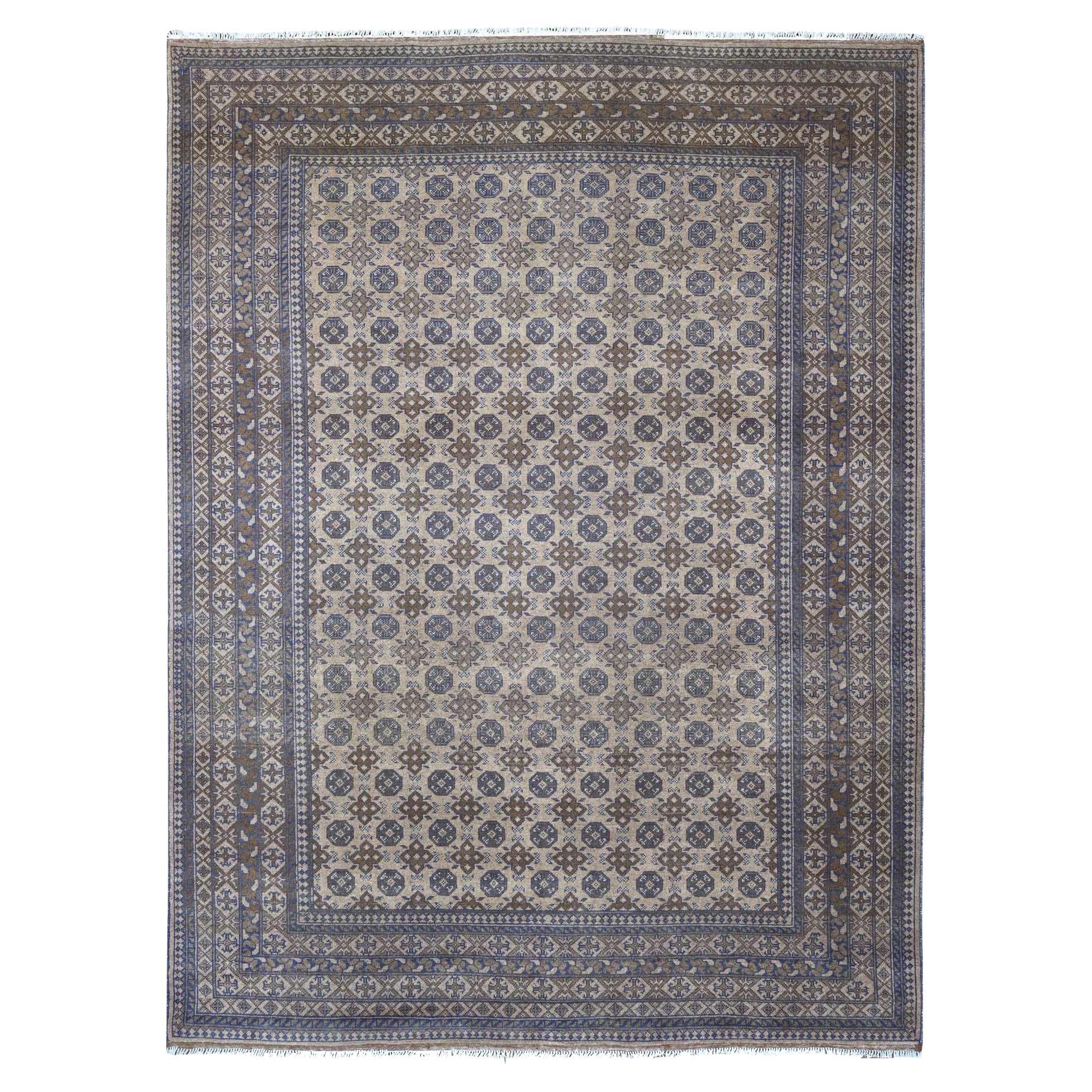 8'6"x11'4" Ivory Vintage Turkoman with Bokara Design Hand Knotted Pure Wool Rug