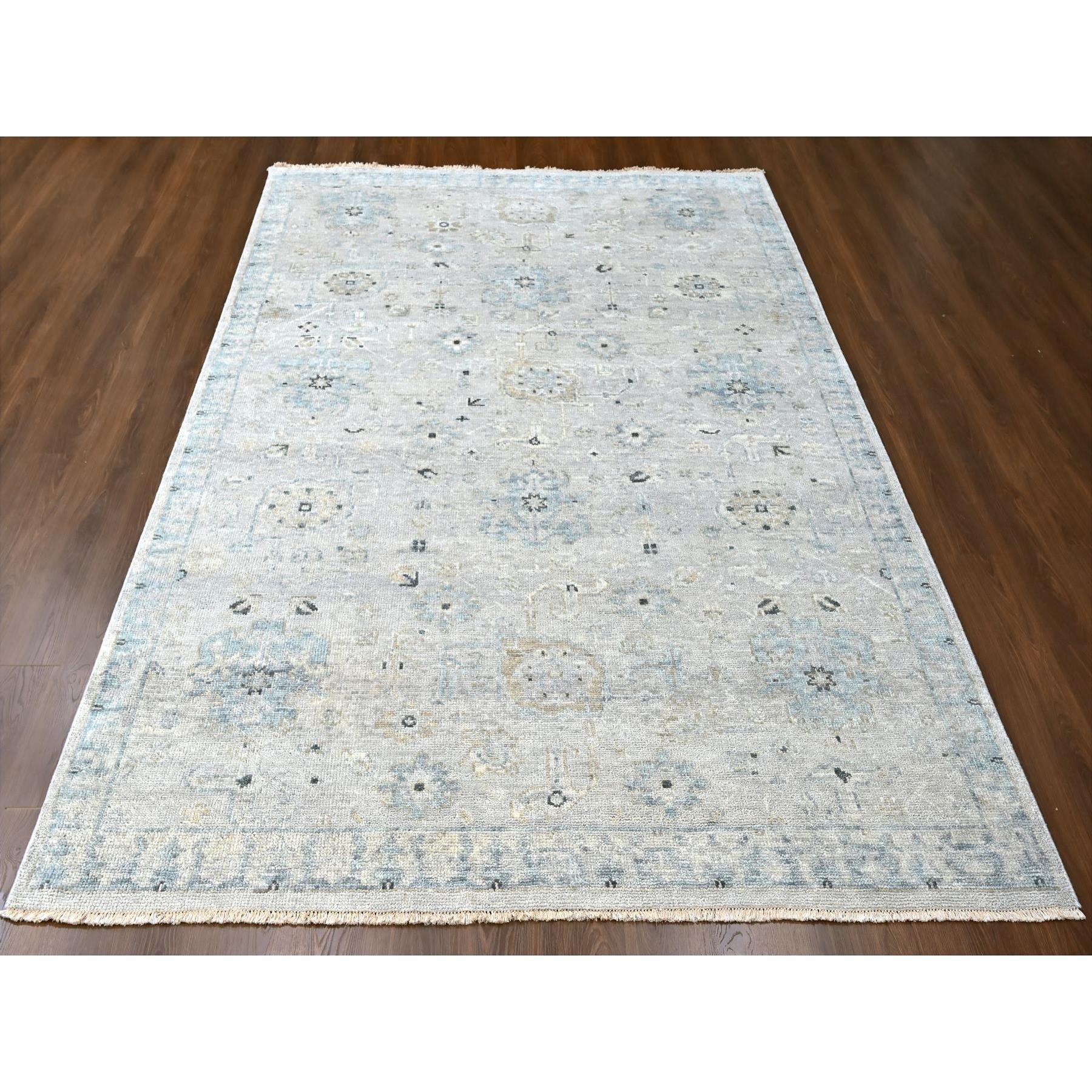 Oyster Gray, Supple Collection, Oushak All Over Design, Soft Velvety Wool, Hand Knotted, Natural Dyes, Oriental Rug
Primary materials: Wool
Latex: No Pile 
height: 0.25 Inches
Style: Transitional
Primary color: Grey
Secondary colors: Blue, Brown,