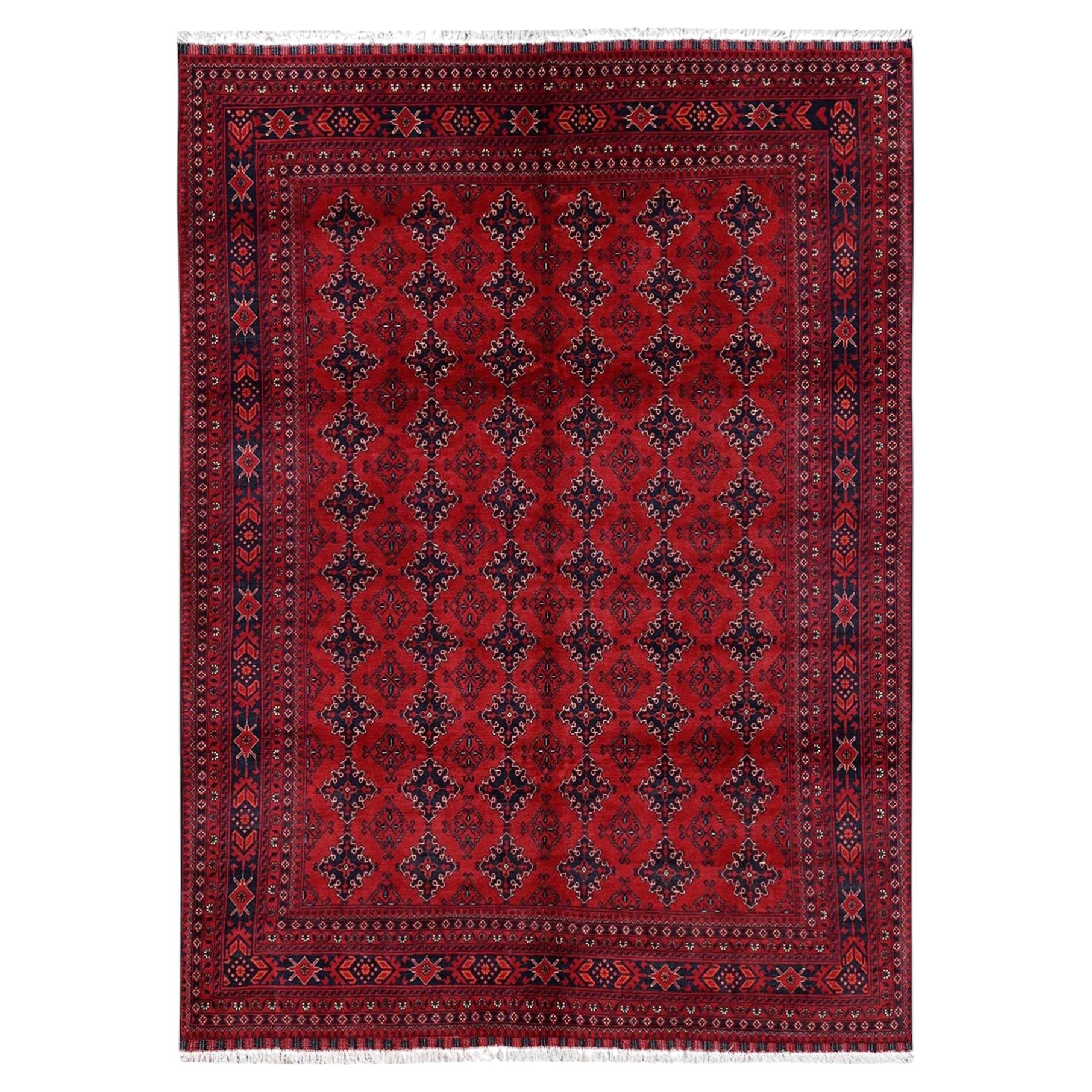 Tapis afghan Andkhoy rouge, 2,6 m x 3,5 m, à motifs géométriques, en pure laine, noué à la main