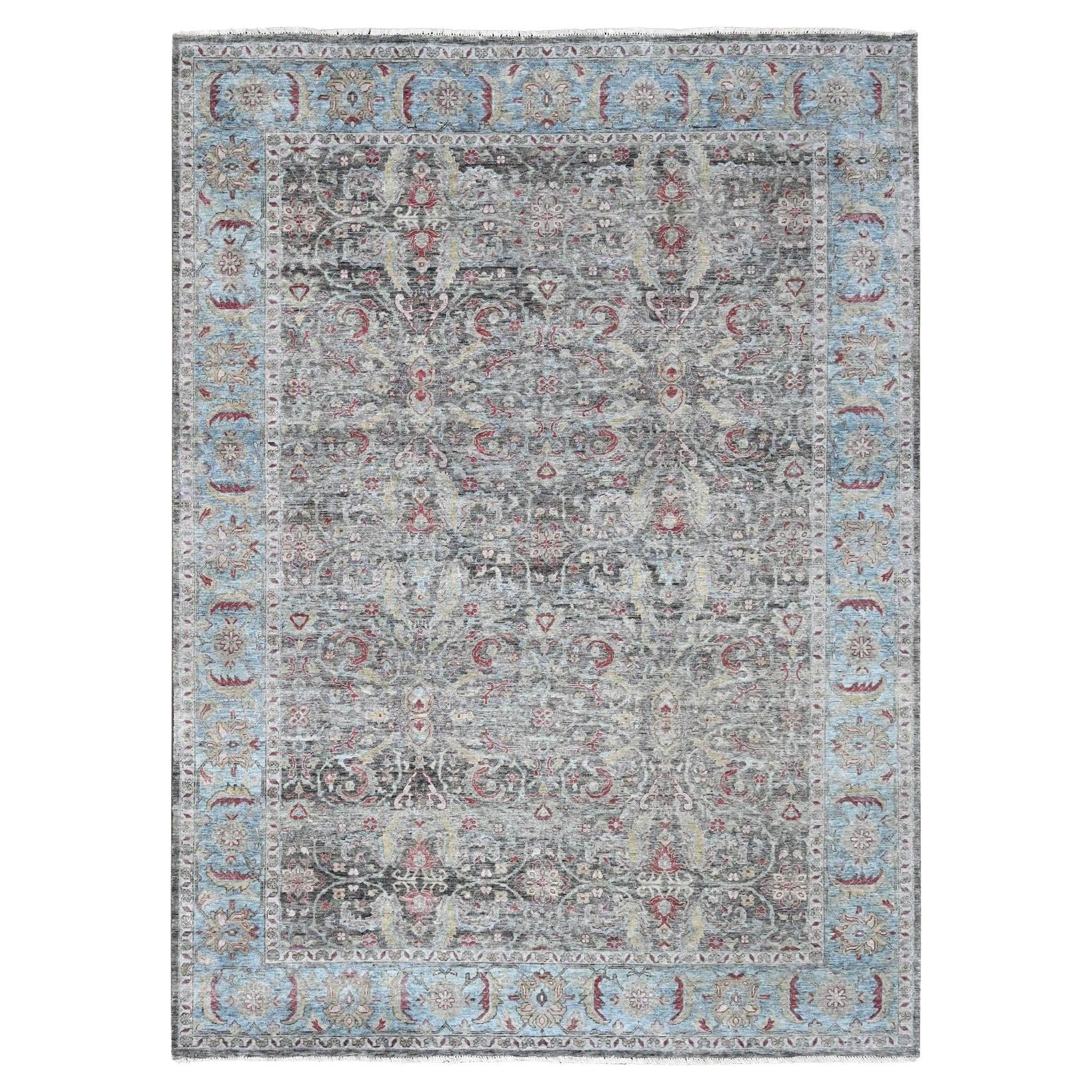 8'6"x11'5" Charcoal Black Abrash Persian Design Wool Zero Pile Hand Knotted Rug For Sale
