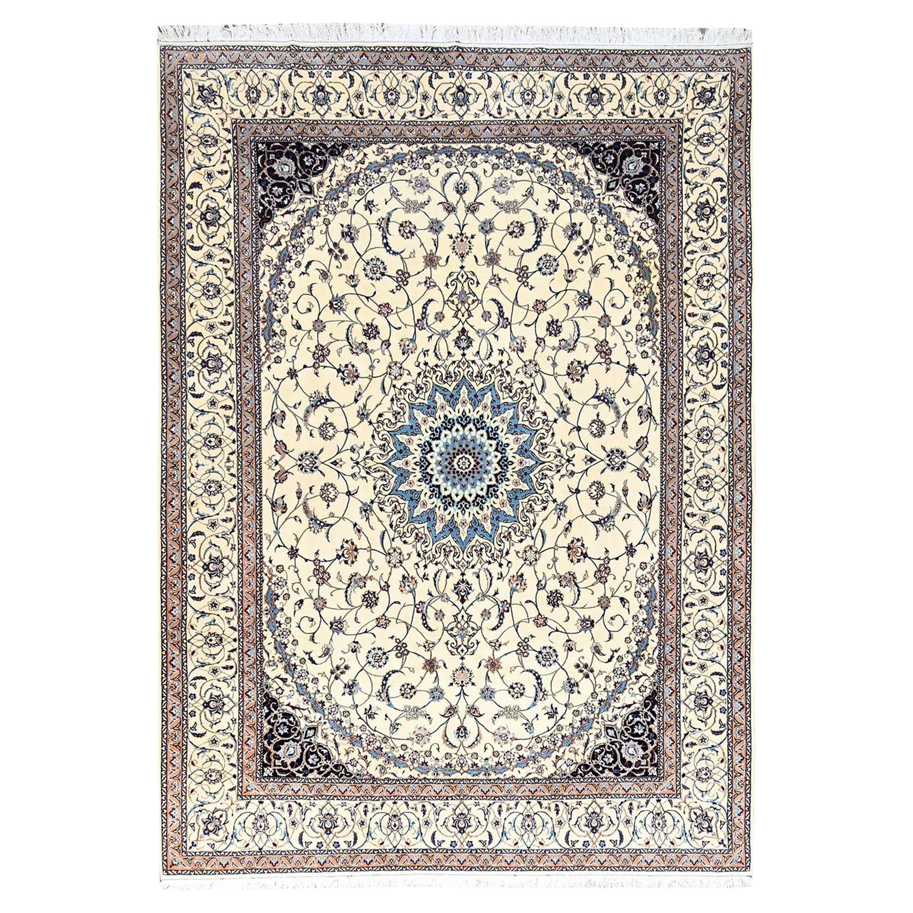 8
6 "x11
8" Avorio Persiano Nain 400 KPSI Tappeto orientale annodato a mano in lana e seta in vendita