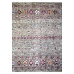 8'6 "x11'8" Sage Gray Afghan Super Kazak Tappeto orientale in lana lucida annodato a mano