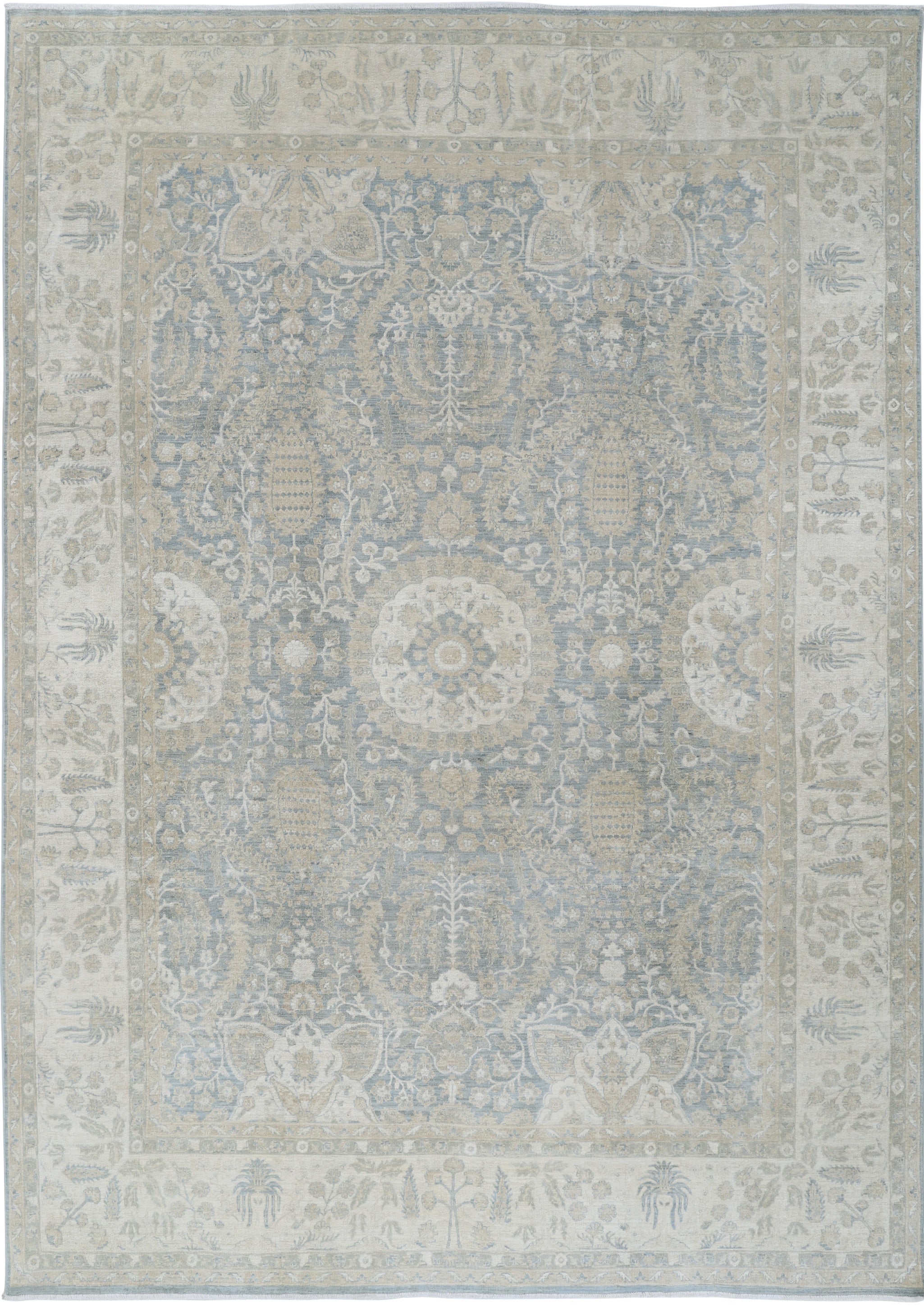 8.6x12.3 ft Handknotted Light Blue, Ivory Rug. Traditional Floral Pattern Carpet