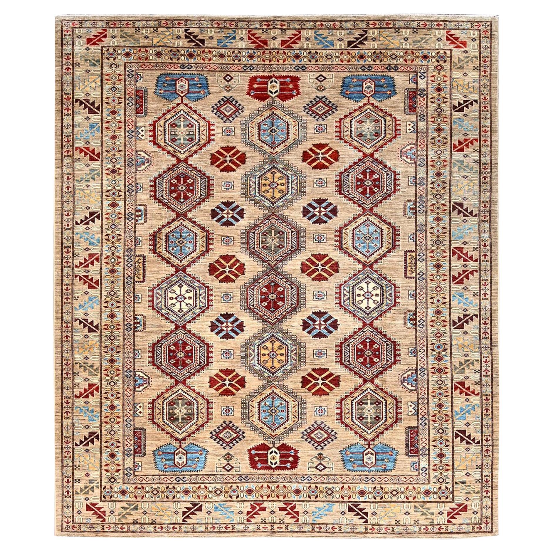 8
6 "x9
10" Irischer cremefarbener brauner afghanischer Super Kazak Wolle Handgeknüpfter Orientteppich