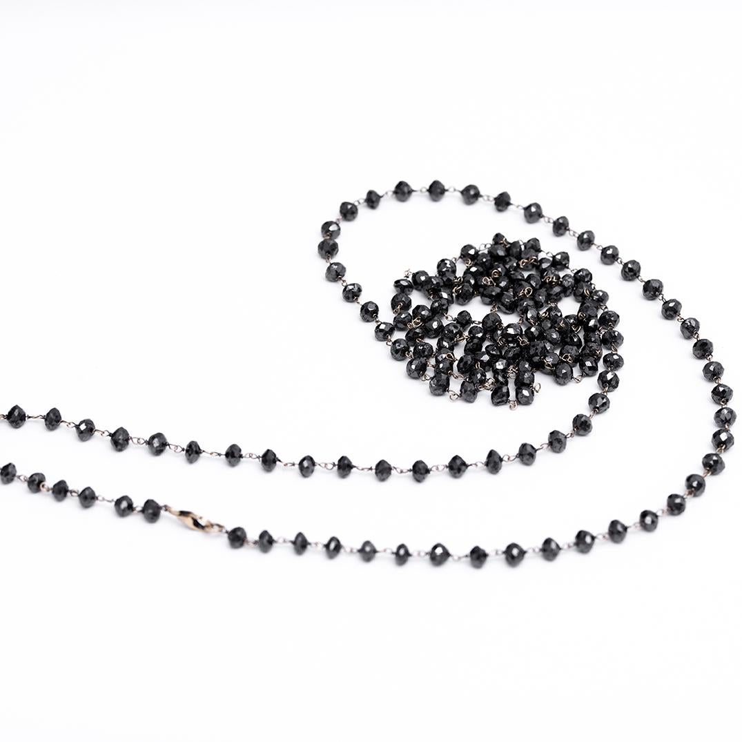 Round Cut 87 Carat Black Diamond Bead Long Gold Chain Necklace For Sale