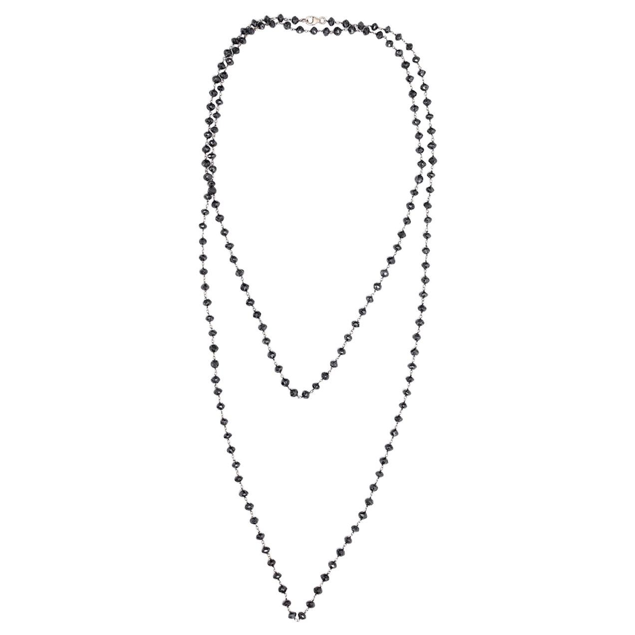 87 Carat Black Diamond Bead Long Gold Chain Necklace For Sale