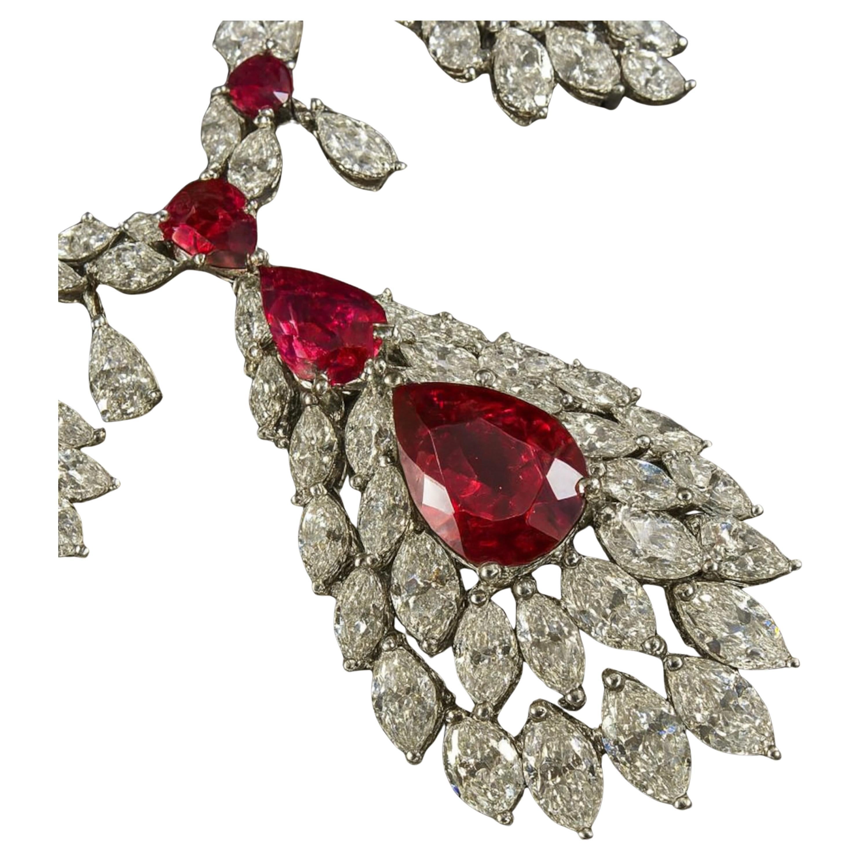 Marquise Cut 87 Carat Certified 18K White Gold VIVID RED Ruby and Diamond Necklace For Sale