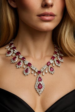 87 Carat Certified 18K White Gold VIVID RED Ruby and Diamond Necklace