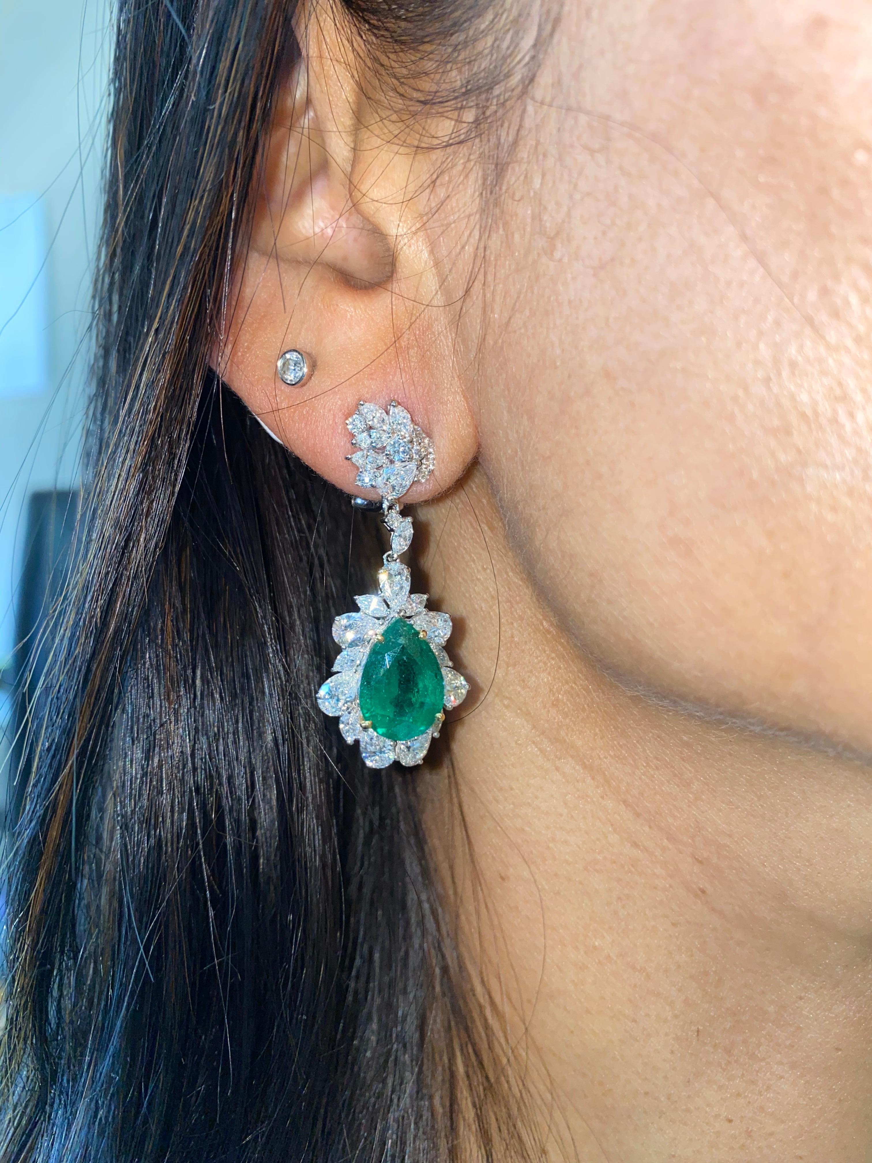 Pear Cut 8.7 Carat Emerald and Diamond Earrings in 18 Karat White Gold For Sale