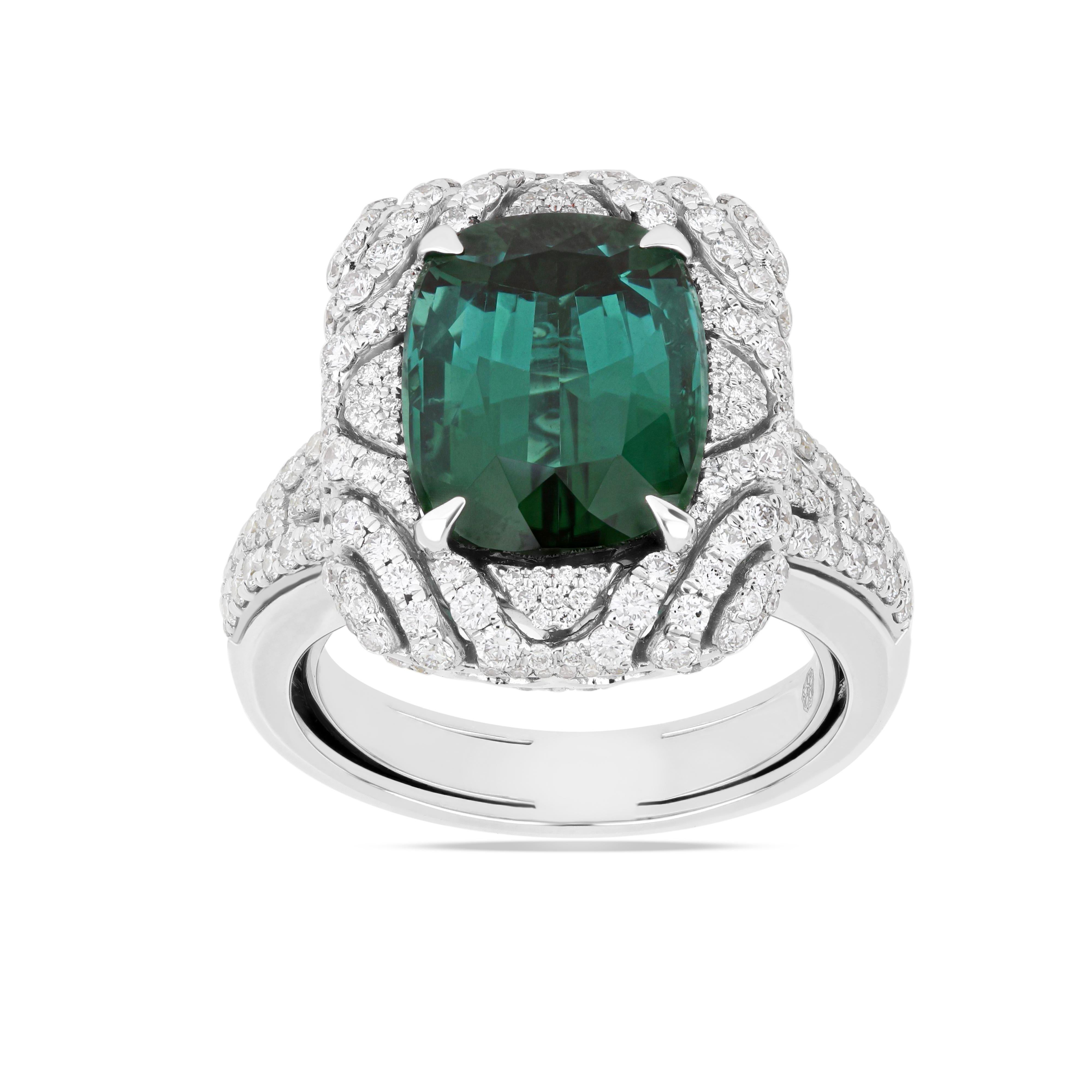 Elegant and exquisitely detailed 18K White Gold Ring, with 8.7 Cts Cushion Round Corner Shape Green Tourmaline set in centre and Surrounded by Micro pave Diamonds, weighing approx. 1.3 CT's. total carat weight and Ring to further enhance the beauty