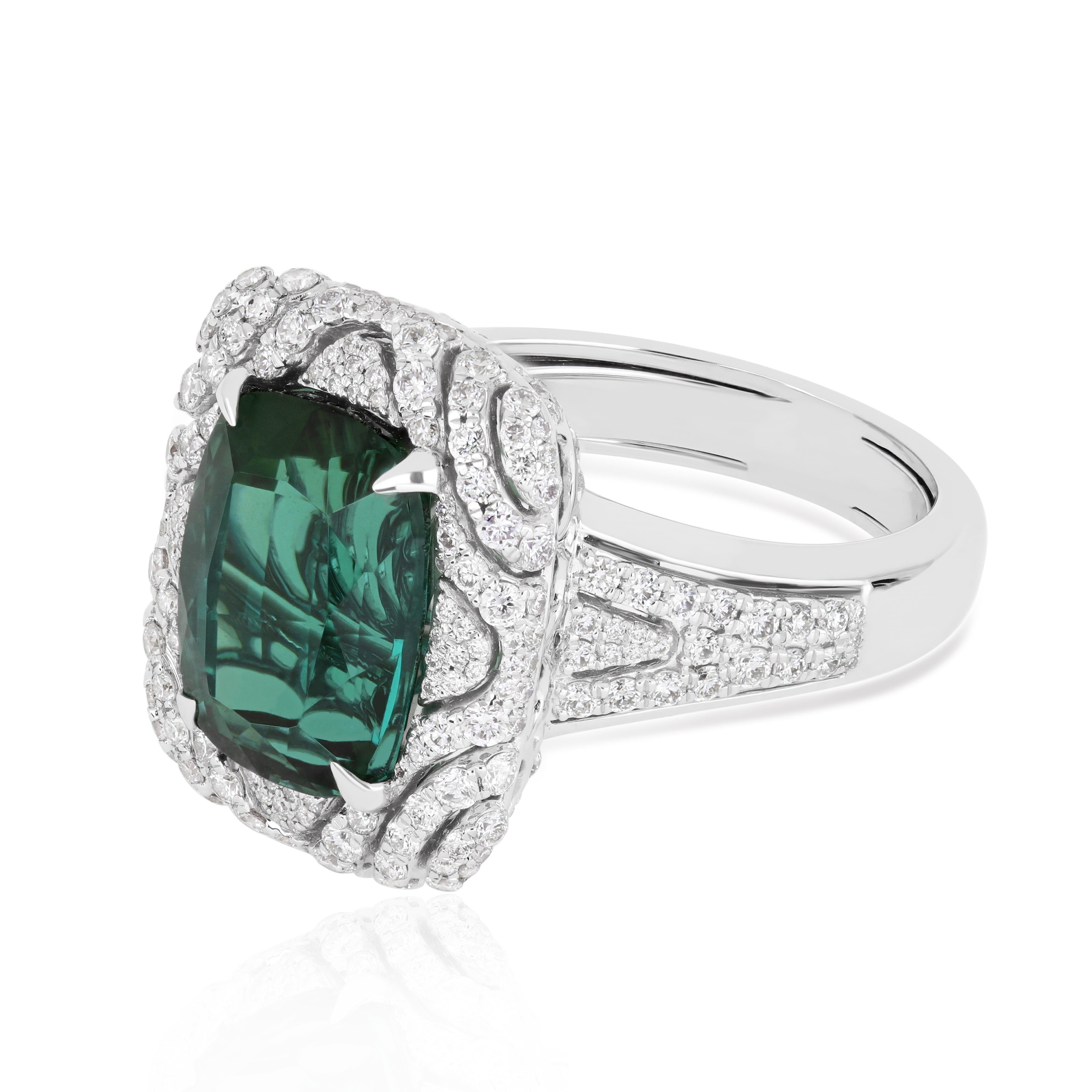 Antique Cushion Cut 8.7 Carat Green Tourmaline and Diamond Studded Ring in 18K White Gold For Sale