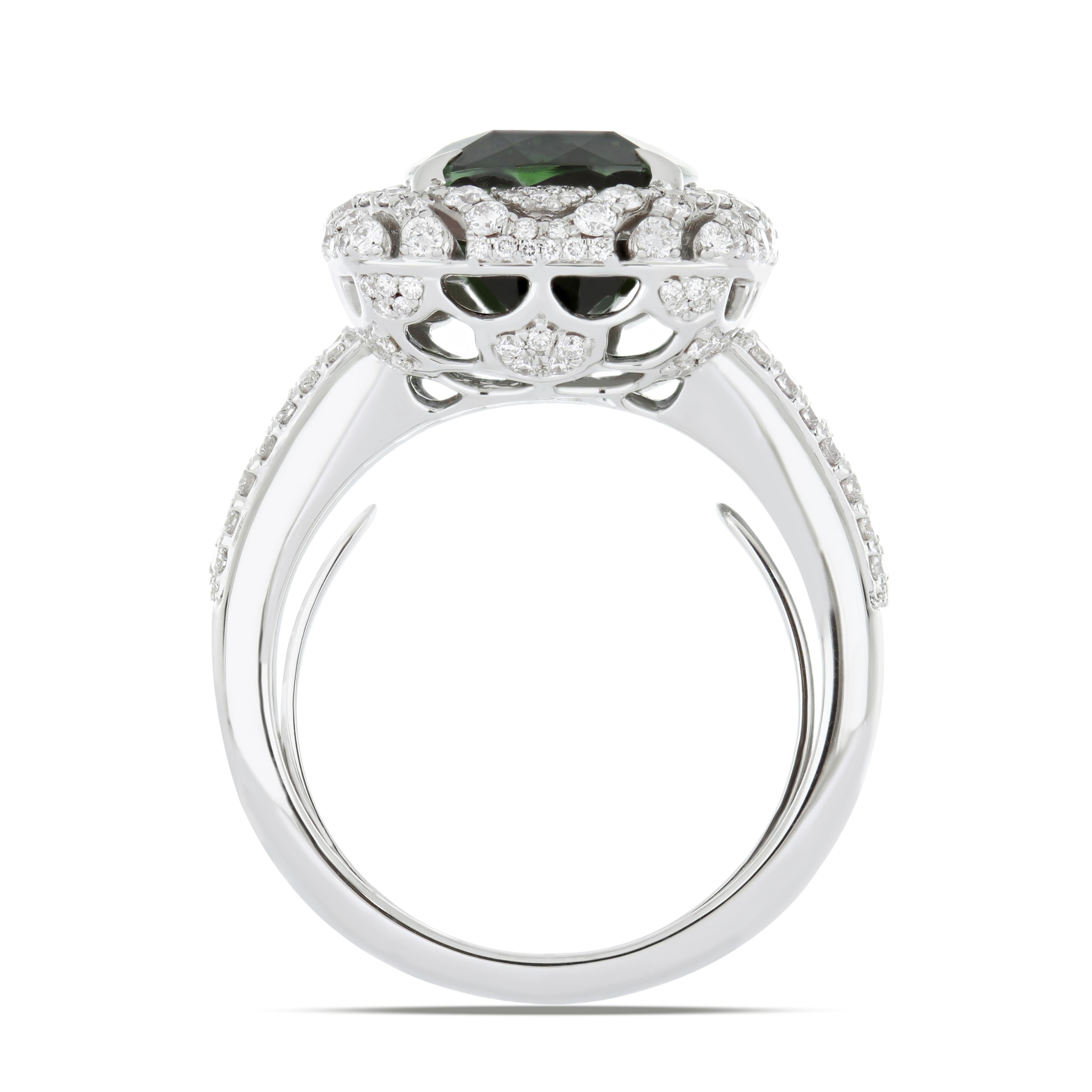 Women's 8.7 Carat Green Tourmaline and Diamond Studded Ring in 18K White Gold For Sale