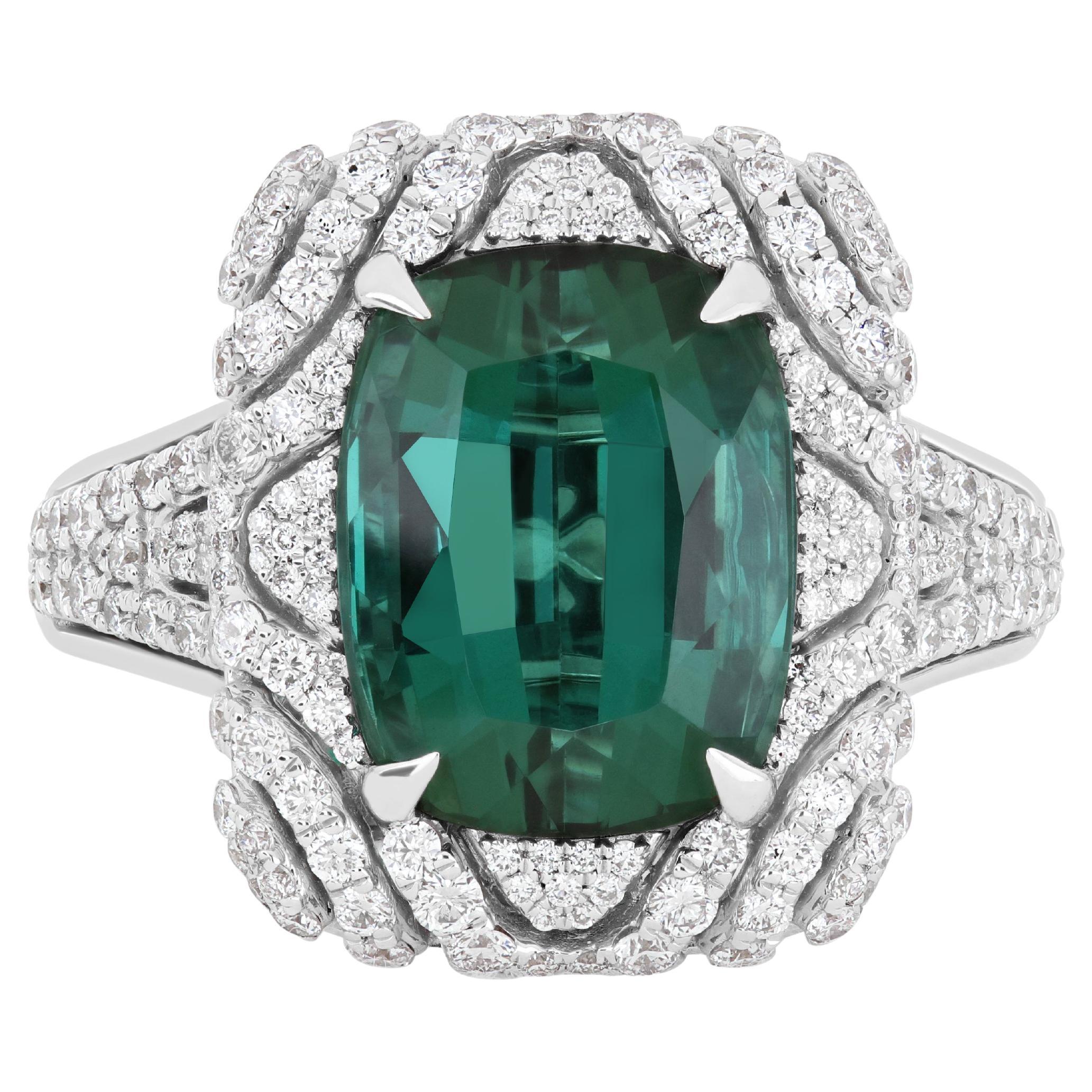8.7 Carat Green Tourmaline and Diamond Studded Ring in 18K White Gold For Sale