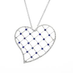 .87 Carat Sapphire Pave Diamond Gold Heart Pendant Necklace
