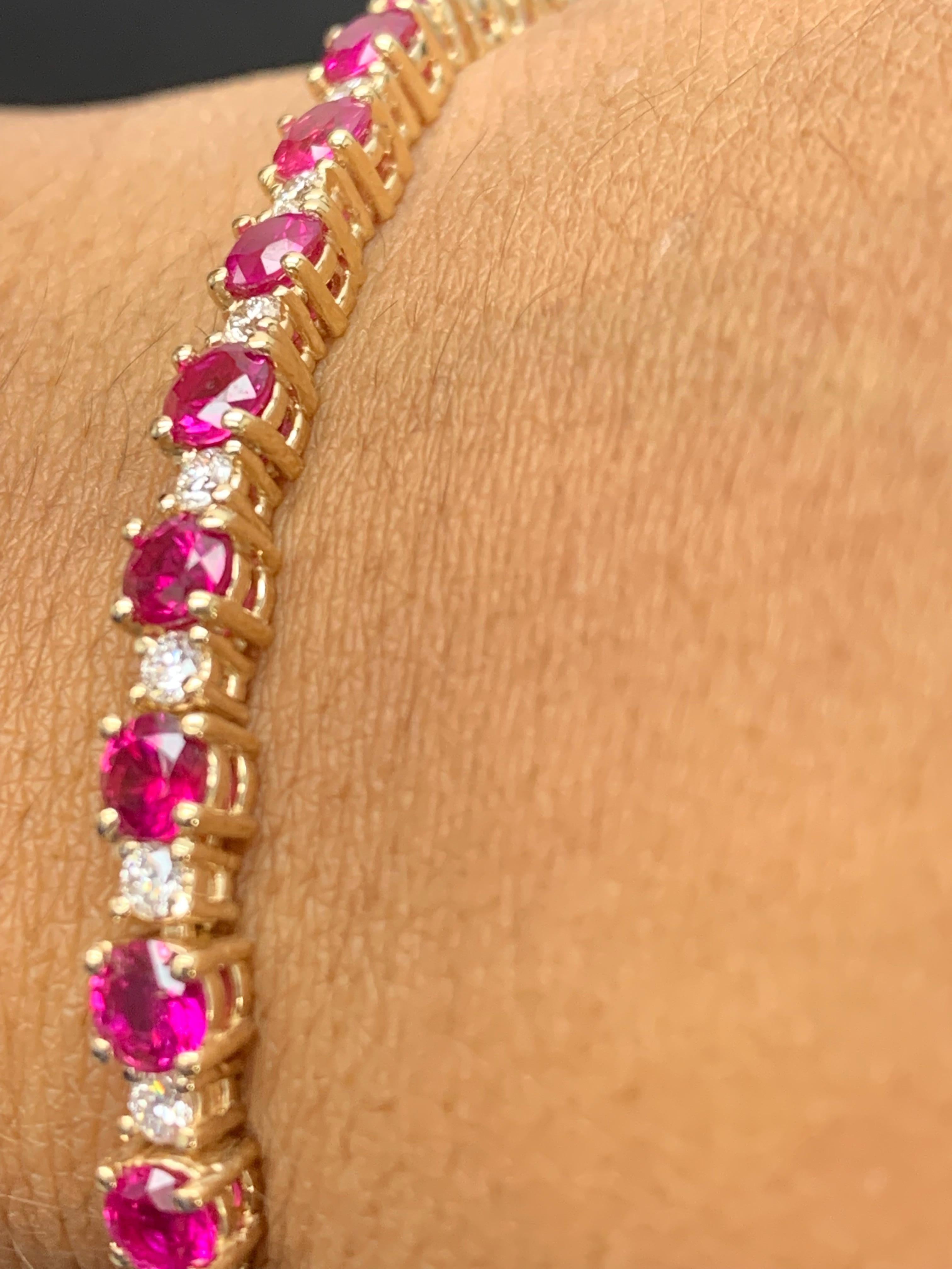 Brilliant Cut 8.70 Carat Alternating Ruby and Diamond Tennis Bracelet in 14K Yellow Gold For Sale