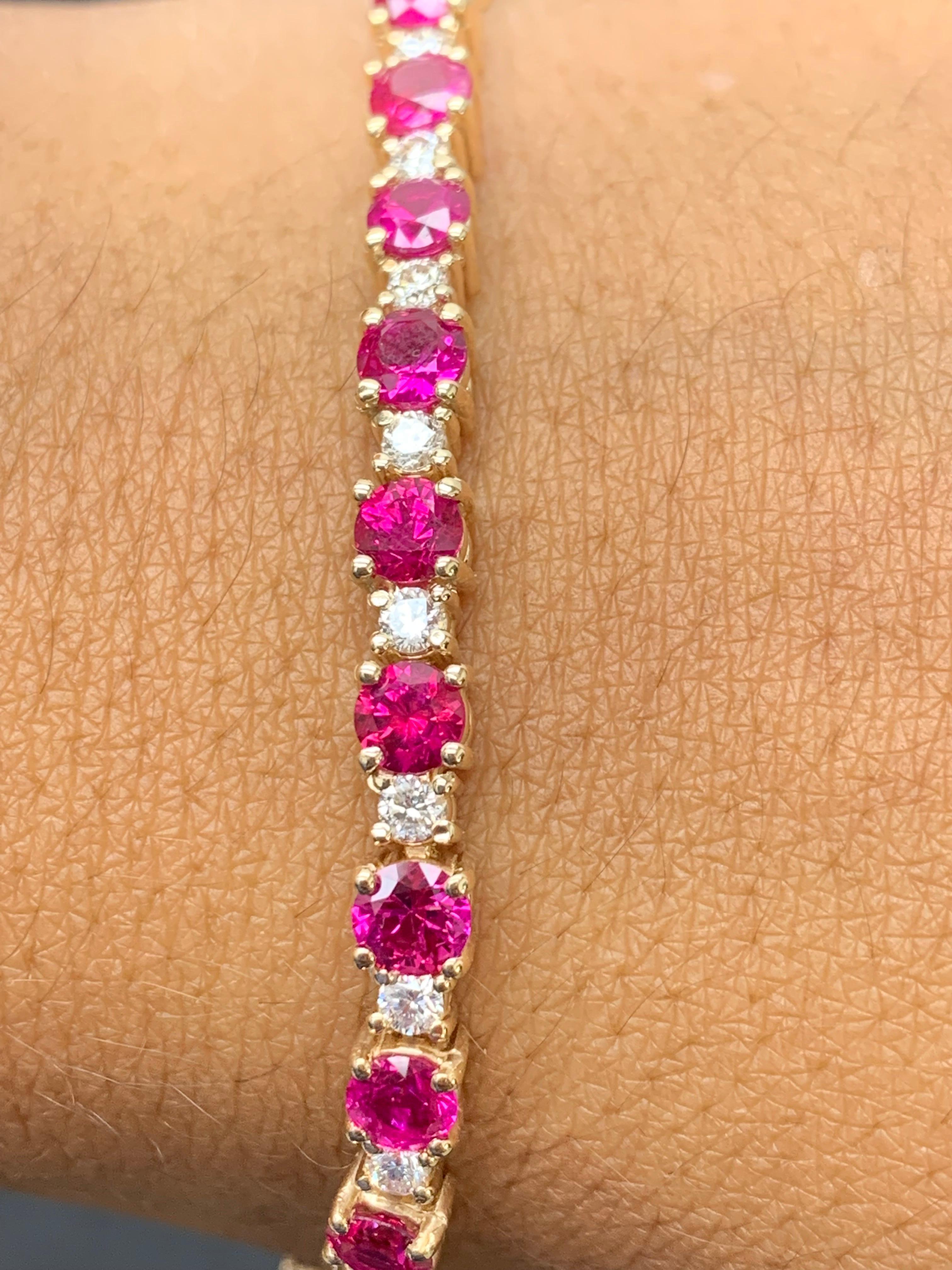 8.70 Carat Alternating Ruby and Diamond Tennis Bracelet in 14K Yellow Gold In New Condition For Sale In NEW YORK, NY