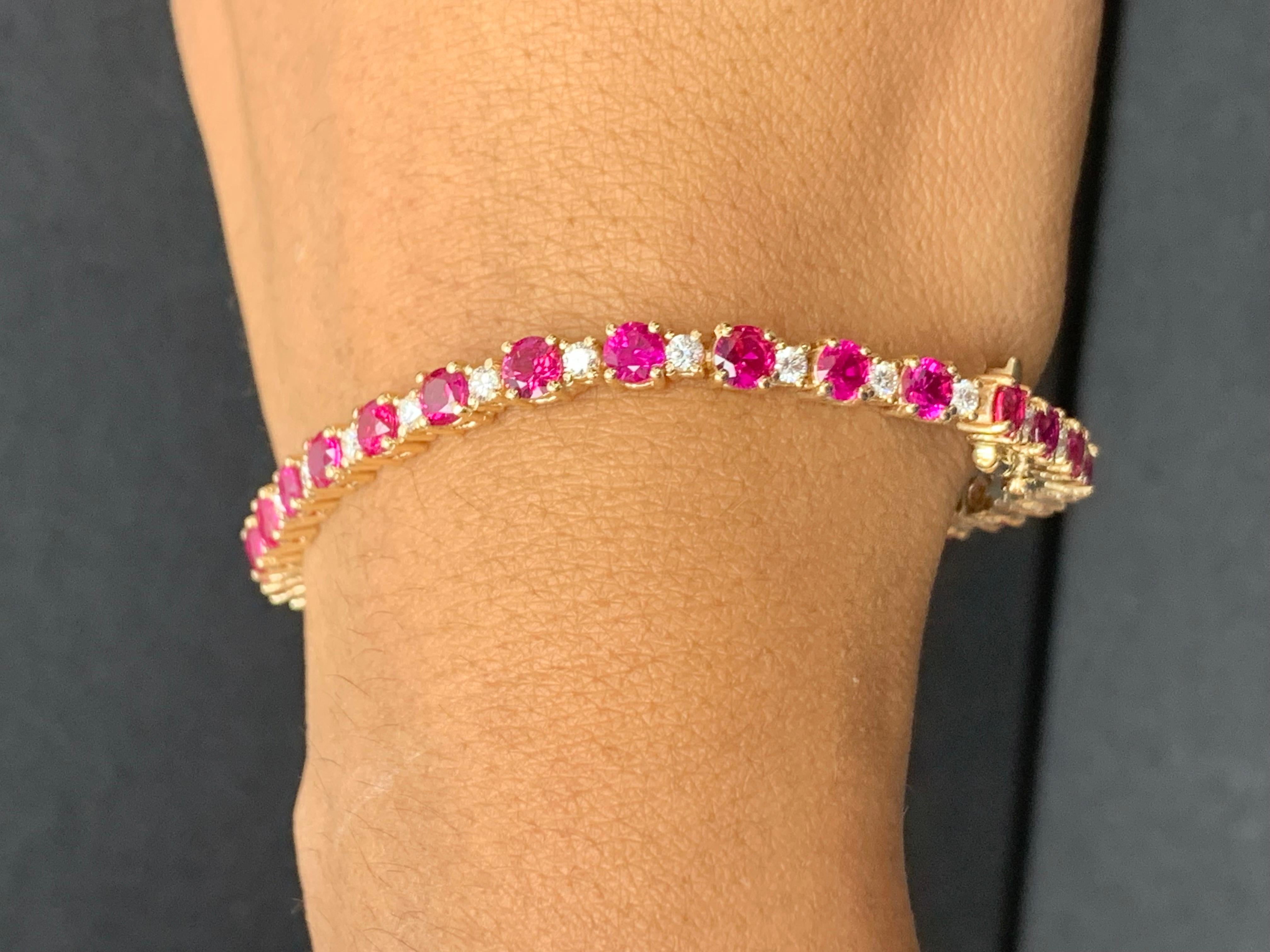 Bracelet tennis en or jaune 14 carats avec rubis et diamants alternés de 8,70 carats en vente 3