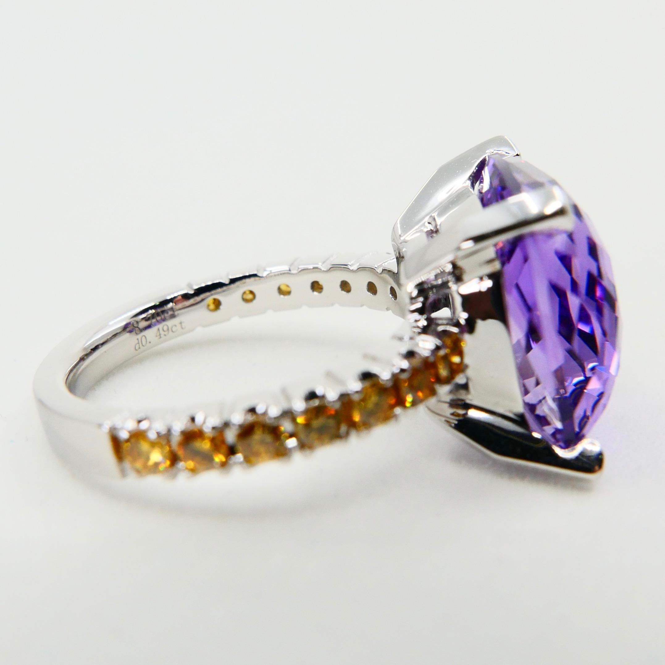 8.70 Carat Amethyst Cocktail Ring with Fancy Vivid Yellow Diamonds, Statement For Sale 5