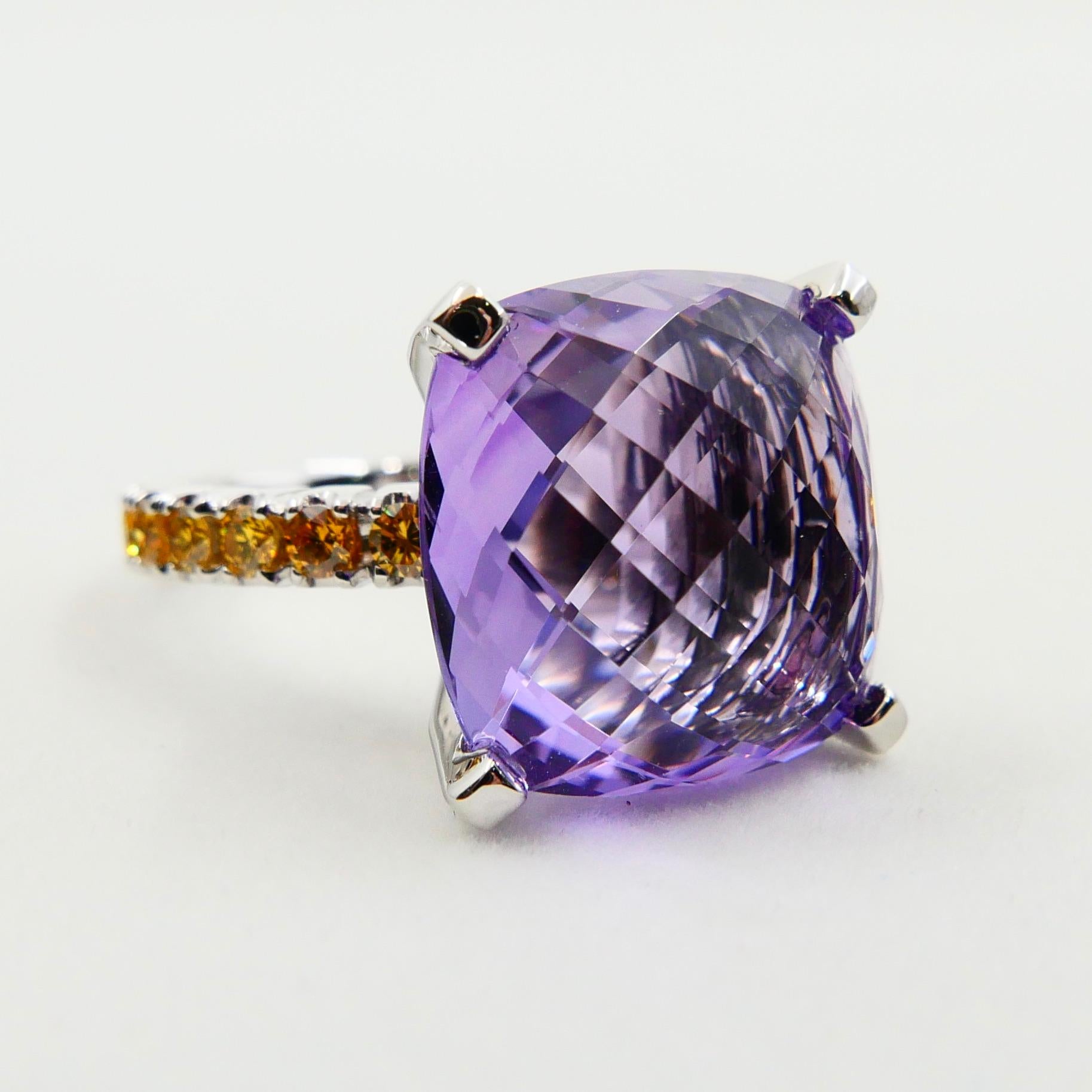 8.70 Carat Amethyst Cocktail Ring with Fancy Vivid Yellow Diamonds, Statement For Sale 6