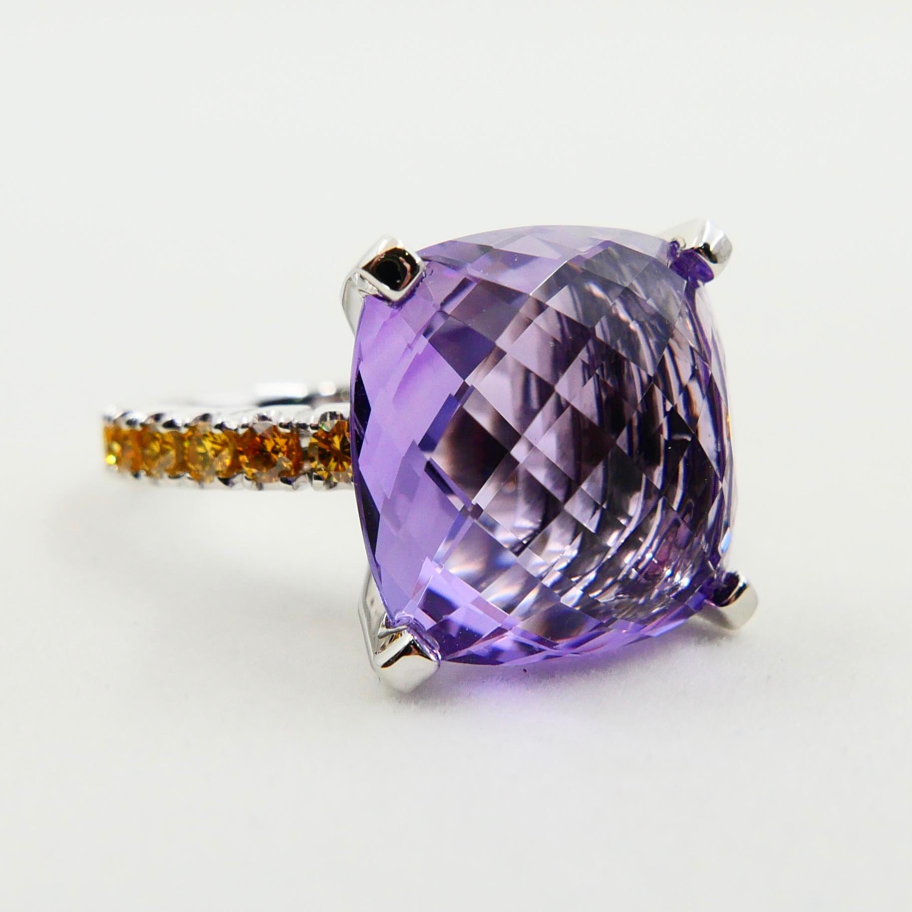 14mm Amethyst Cocktail Ring with Fancy Vivid Yellow Diamonds, Statement For Sale 6