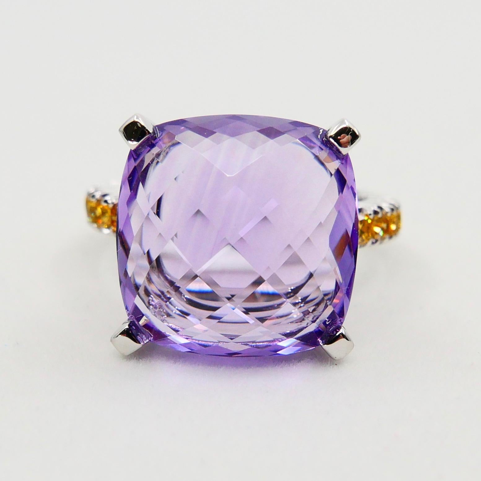 8.70 Carat Amethyst Cocktail Ring with Fancy Vivid Yellow Diamonds, Statement For Sale 7