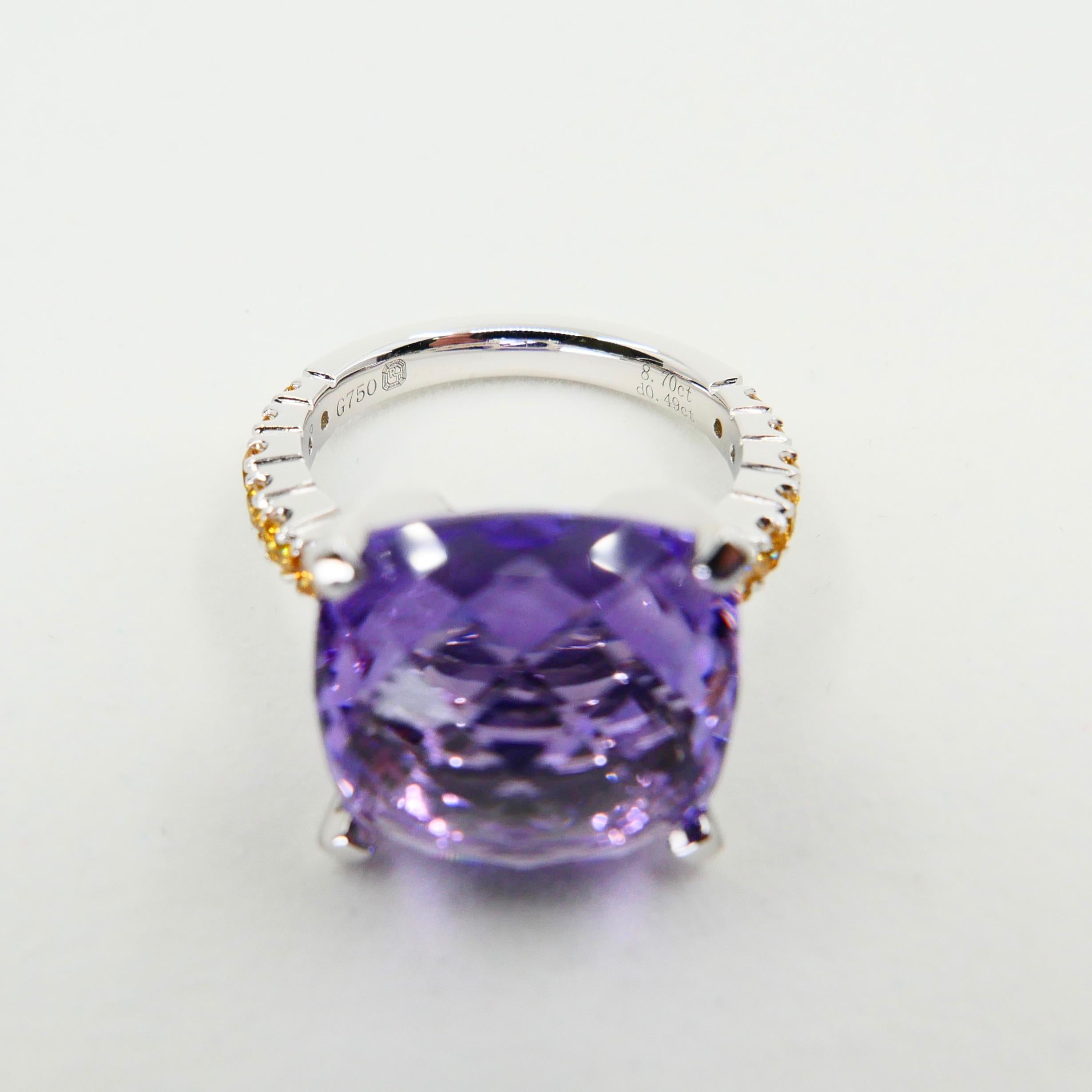 8.70 Carat Amethyst Cocktail Ring with Fancy Vivid Yellow Diamonds, Statement For Sale 8