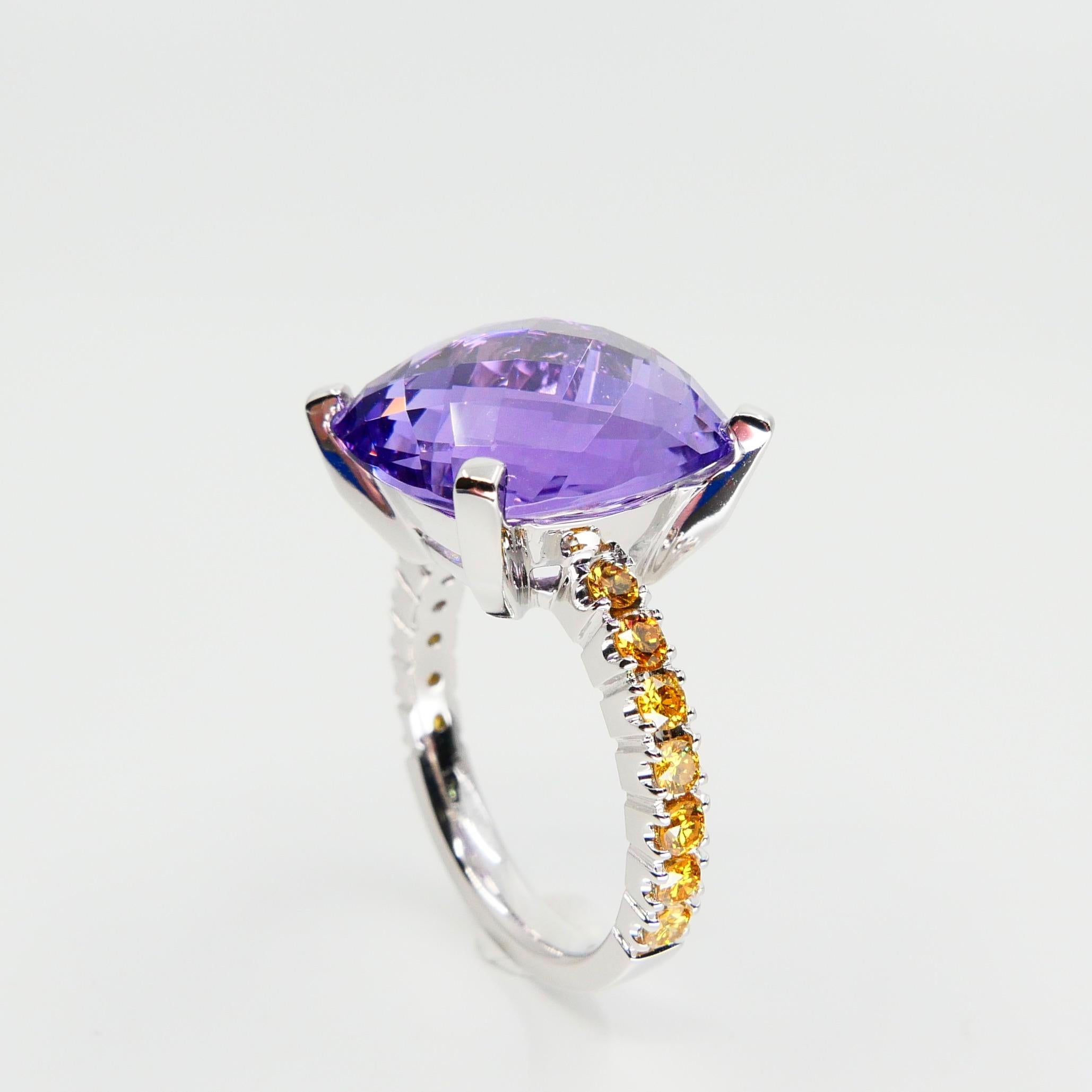 8.70 Carat Amethyst Cocktail Ring with Fancy Vivid Yellow Diamonds, Statement For Sale 9