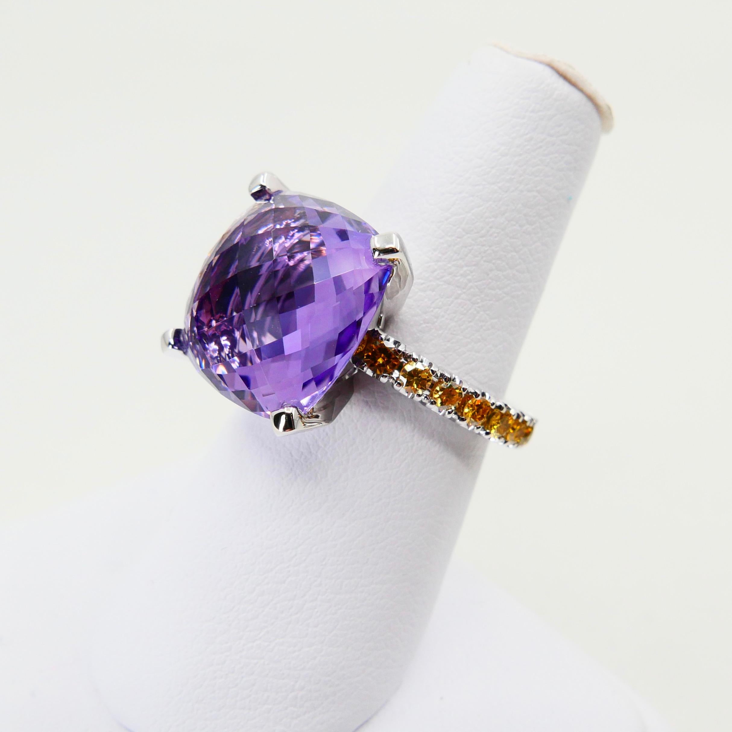 8.70 Carat Amethyst Cocktail Ring with Fancy Vivid Yellow Diamonds, Statement For Sale 10