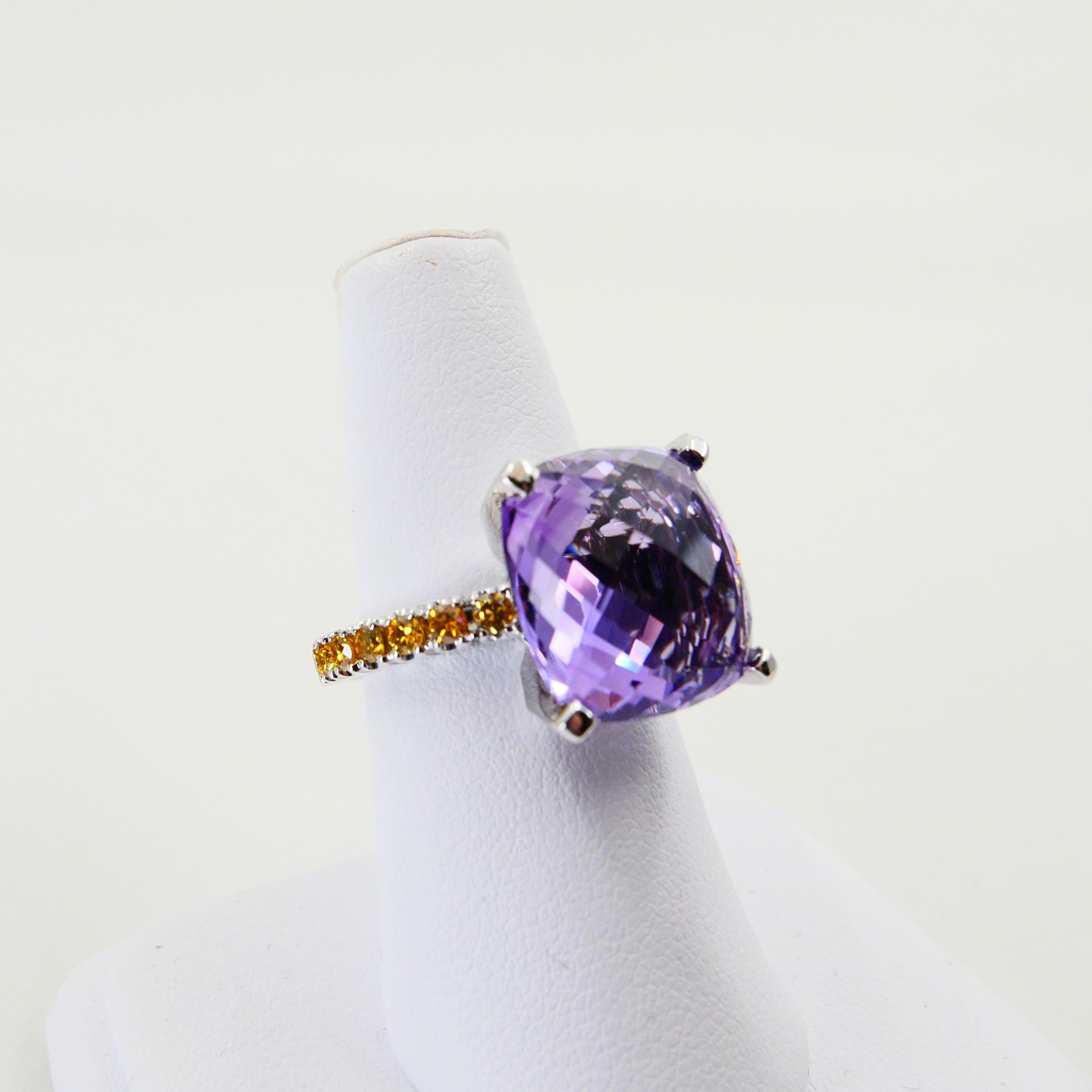 8.70 Carat Amethyst Cocktail Ring with Fancy Vivid Yellow Diamonds, Statement For Sale 11