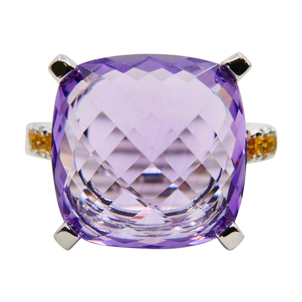 Cushion Cut 8.70 Carat Amethyst Cocktail Ring with Fancy Vivid Yellow Diamonds, Statement For Sale