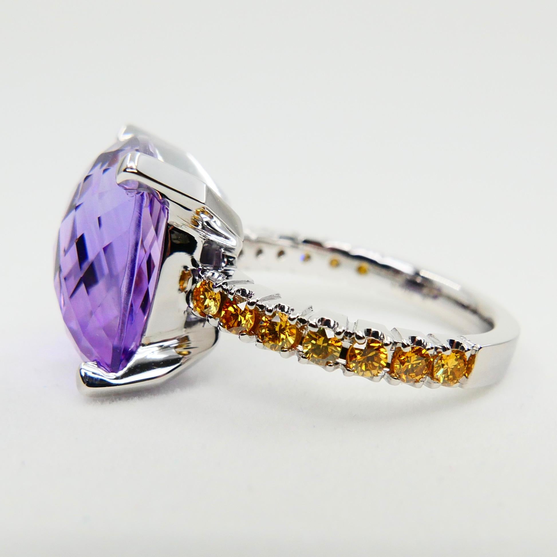 Women's 14mm Amethyst Cocktail Ring with Fancy Vivid Yellow Diamonds, Statement For Sale