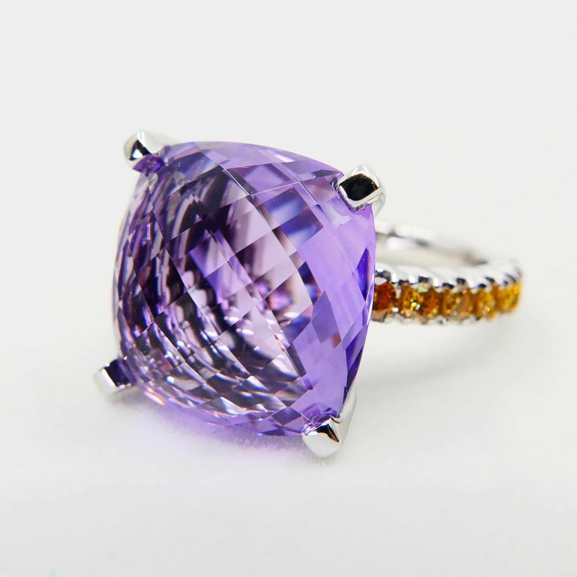 8.70 Carat Amethyst Cocktail Ring with Fancy Vivid Yellow Diamonds, Statement For Sale 1