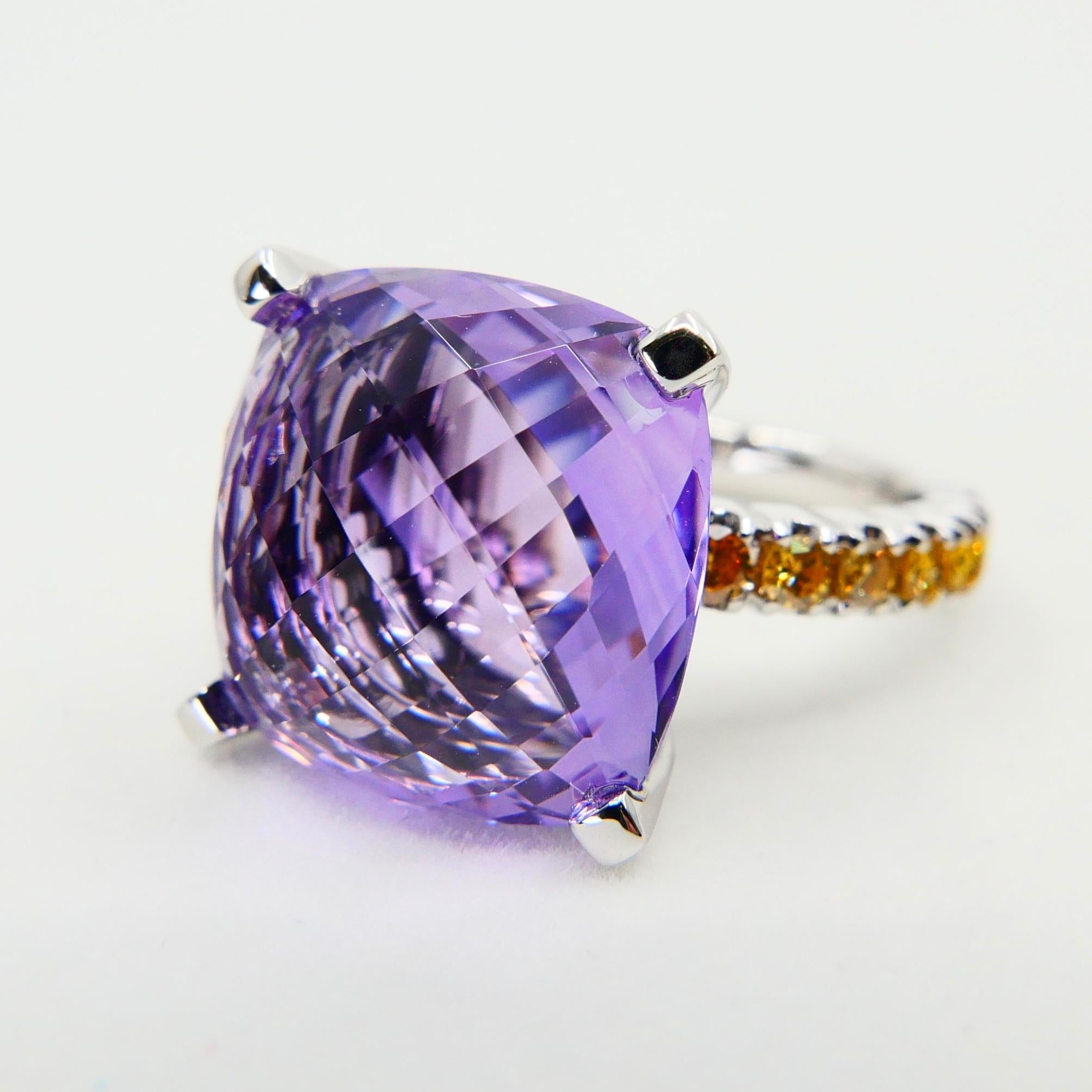 14mm Amethyst Cocktail Ring with Fancy Vivid Yellow Diamonds, Statement For Sale 1