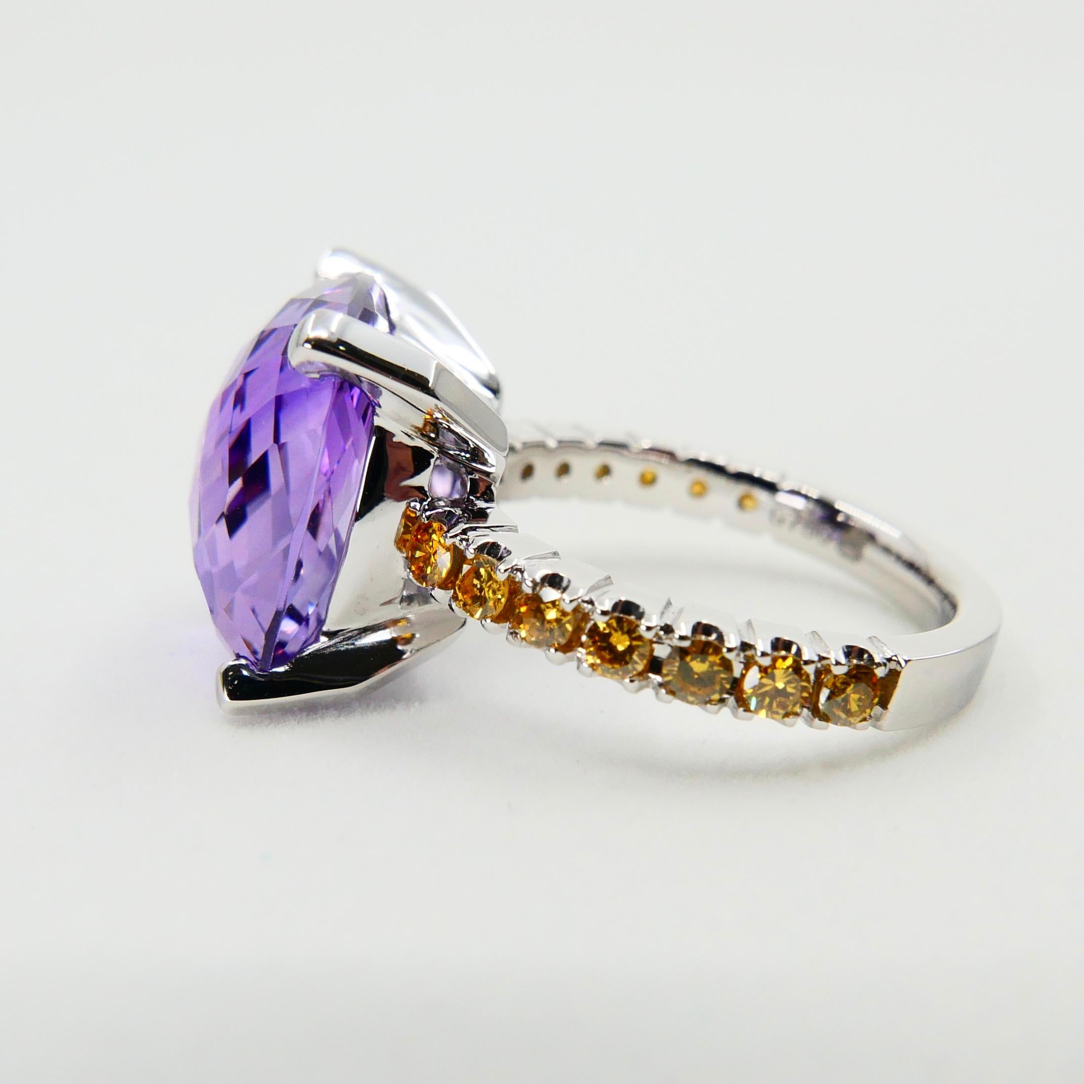 8.70 Carat Amethyst Cocktail Ring with Fancy Vivid Yellow Diamonds, Statement For Sale 2