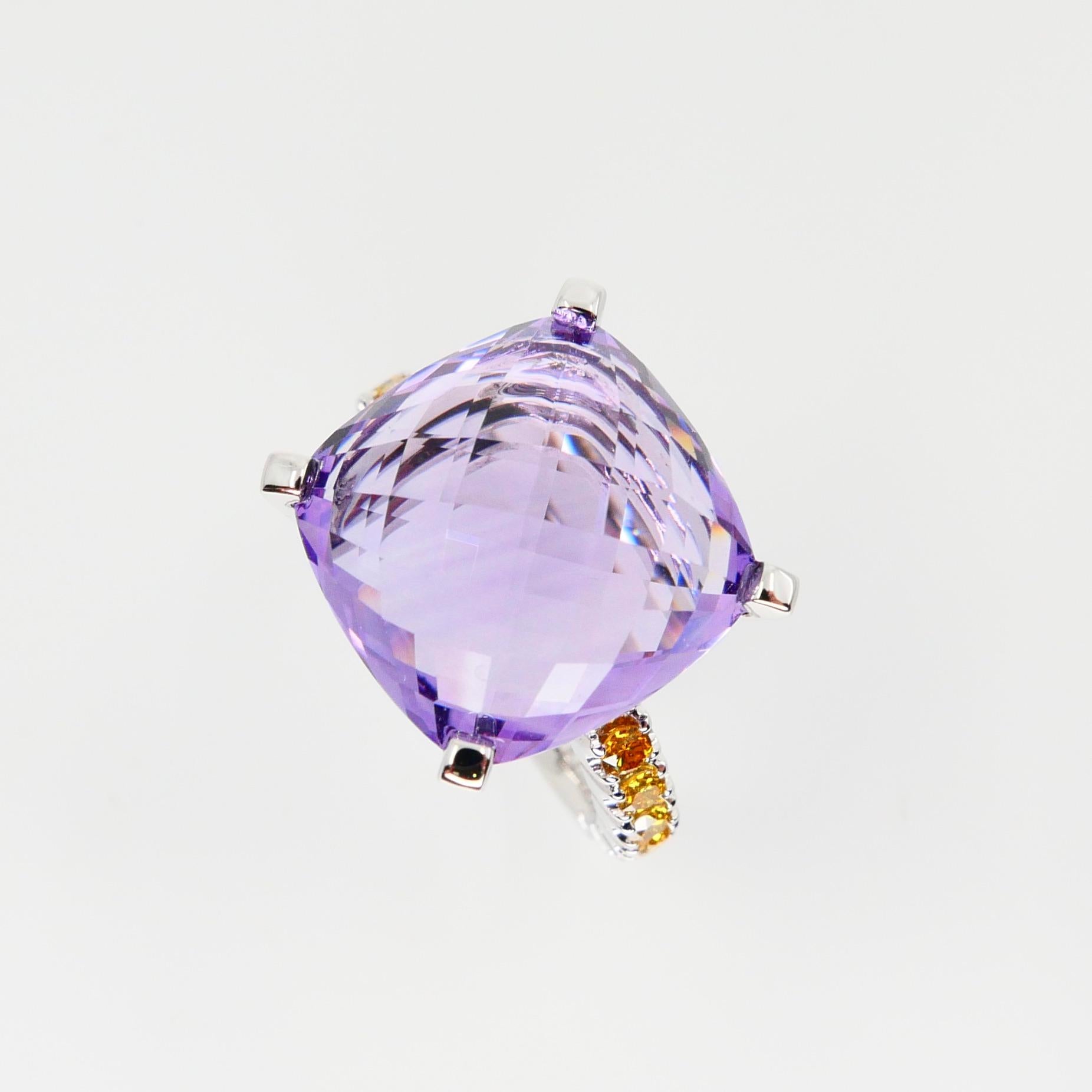 8.70 Carat Amethyst Cocktail Ring with Fancy Vivid Yellow Diamonds, Statement For Sale 3