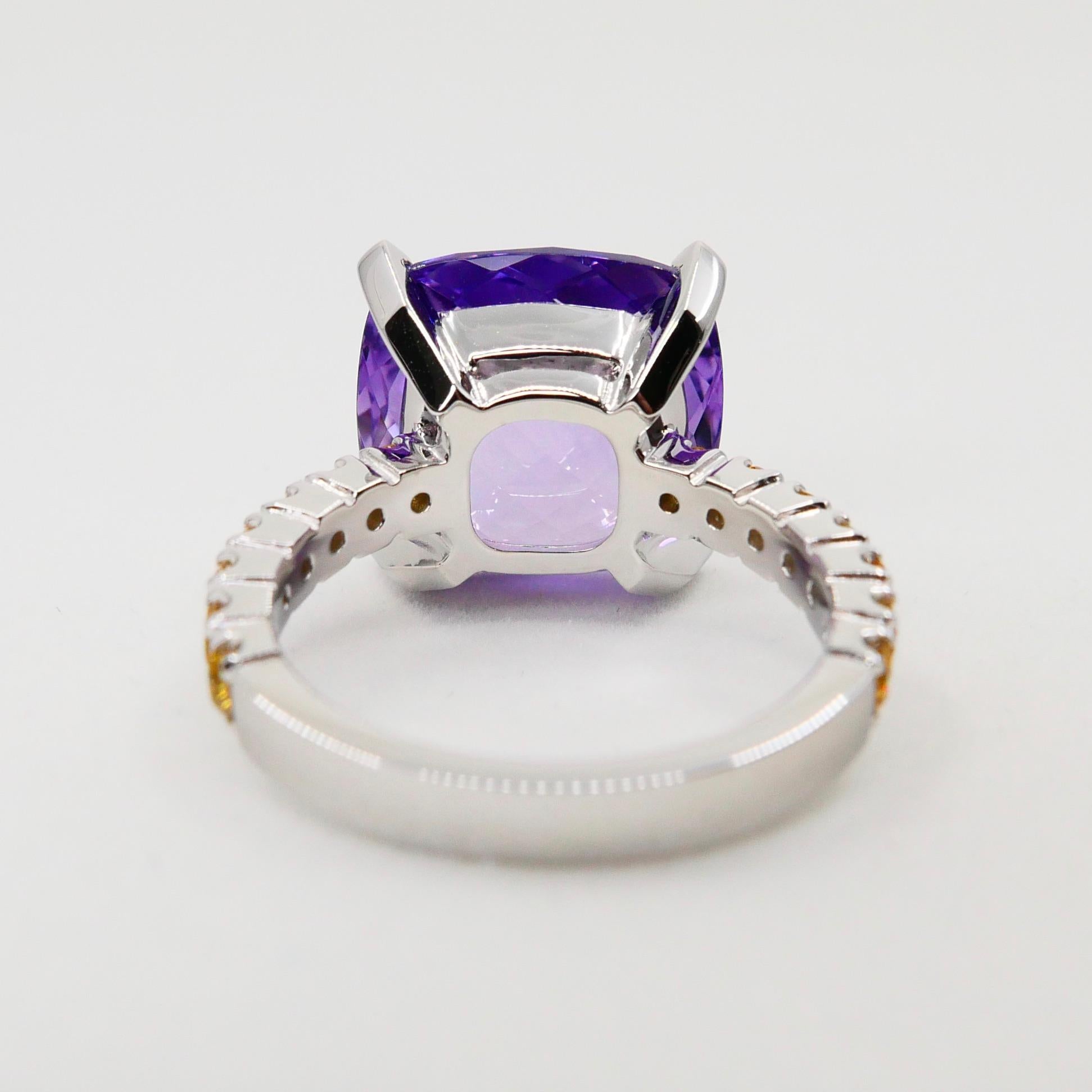 8.70 Carat Amethyst Cocktail Ring with Fancy Vivid Yellow Diamonds, Statement For Sale 4