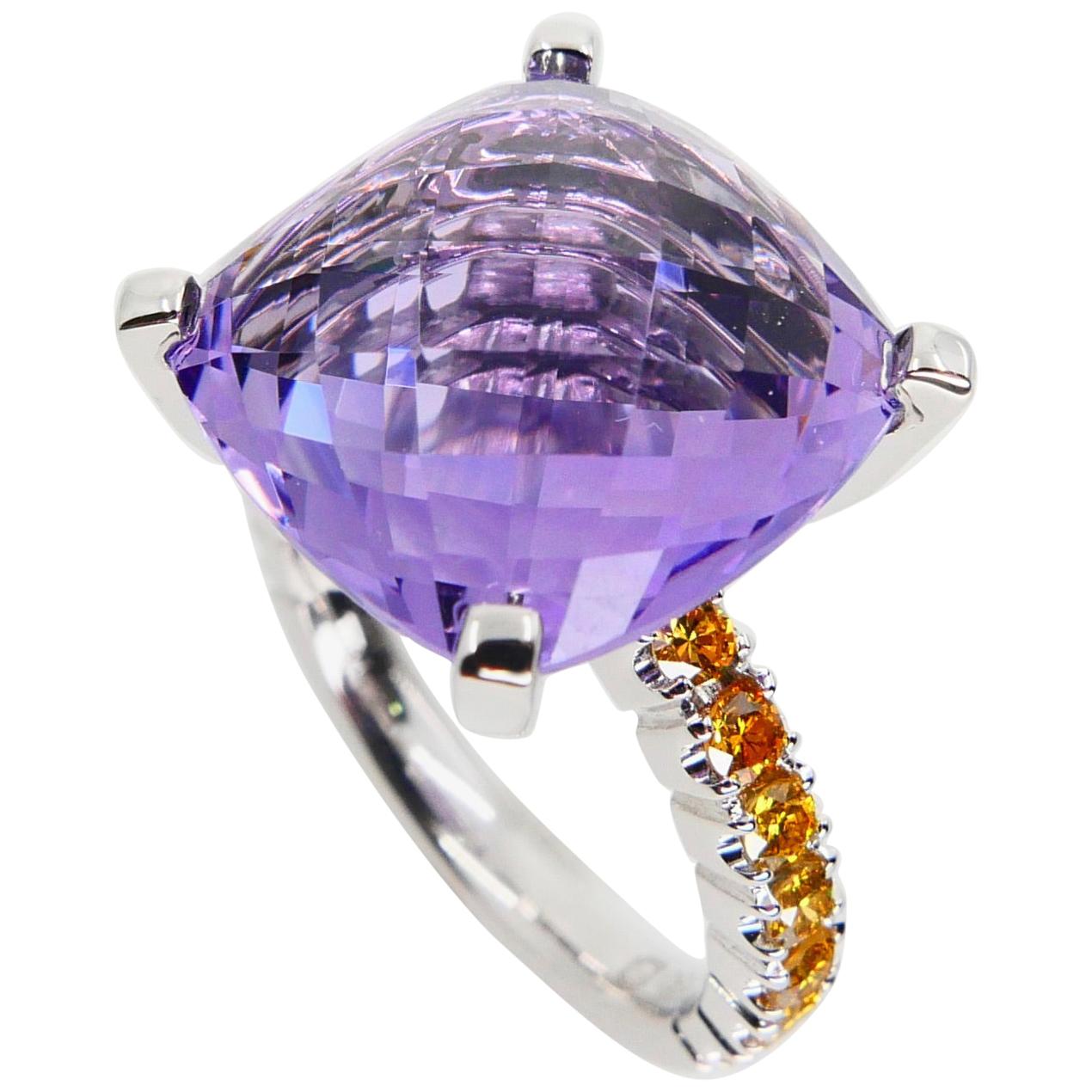 14mm Amethyst Cocktail Ring with Fancy Vivid Yellow Diamonds, Statement For Sale