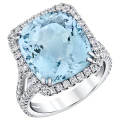 8.70 Carat Aquamarine Cushion and Diamond Halo Cocktail Ring in White Gold