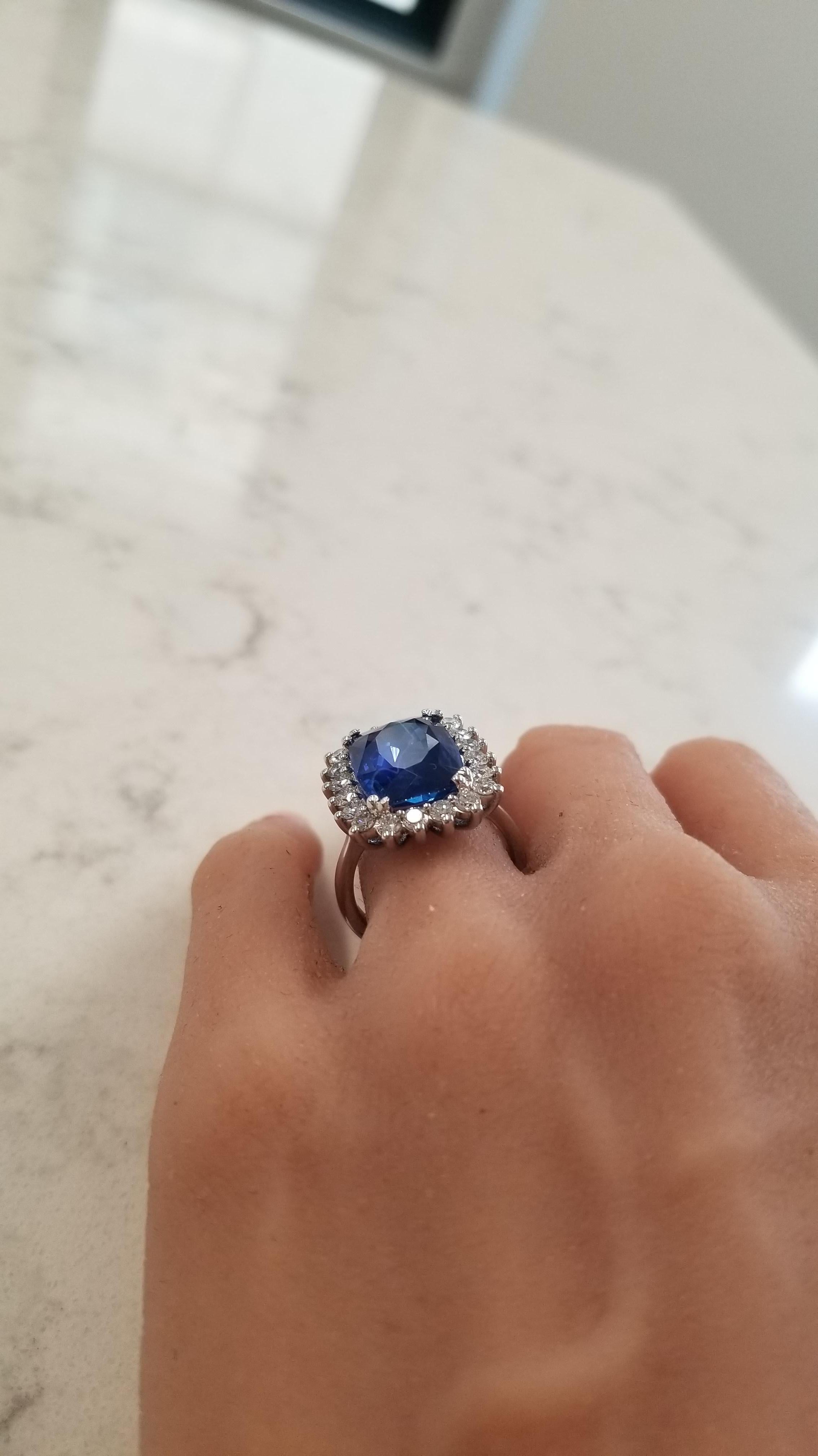 8.70 Carat Cushion Sapphire and Diamond Cocktail Ring in 18 Karat White Gold For Sale 2