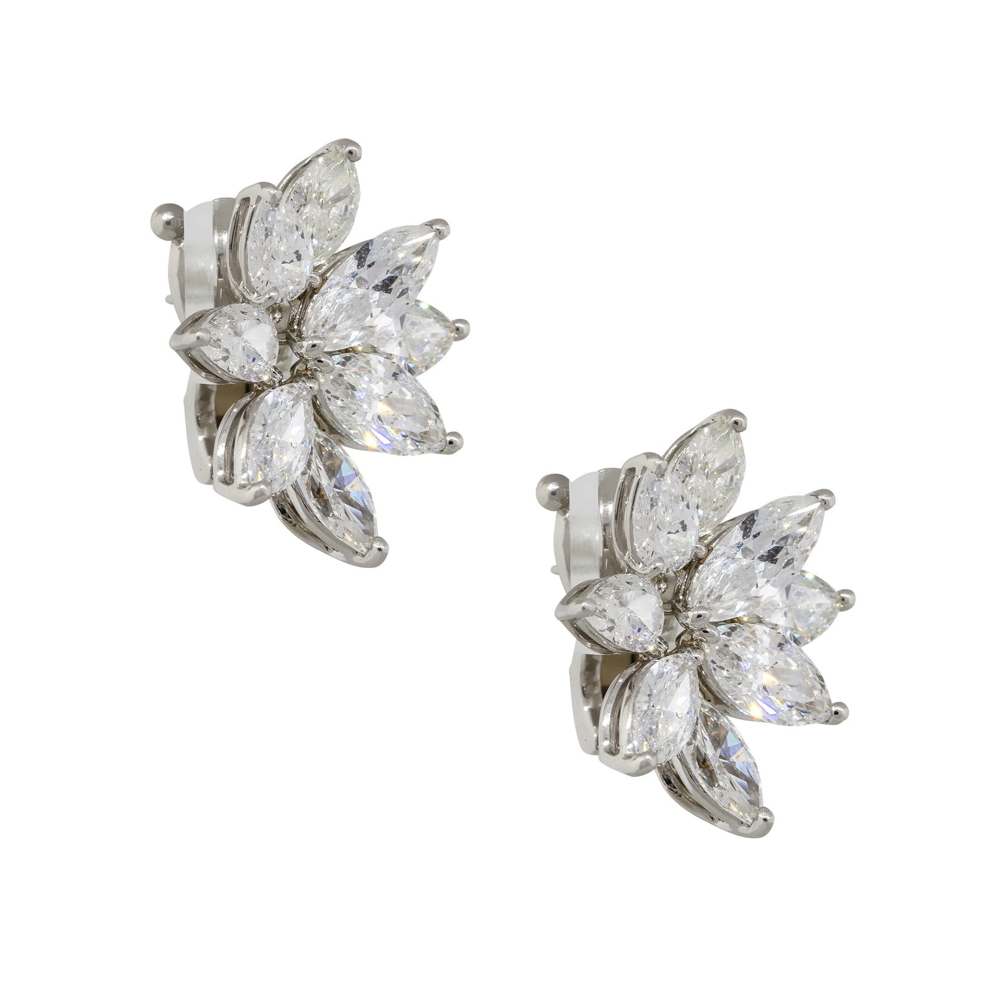 Material: Platinum
Diamond Details: Approx. 8.70ctw of marquise and pear shaped Diamonds. Diamonds are F/G in color and VS-SI in clarity
Earring Measurements: 18.70mm x 16.60mm x 22.20mm
Total Weight: 14.1g (9.1dwt) 
Earring backs: Omega