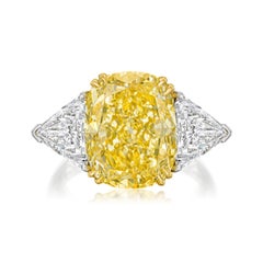 8.70 Carat Fancy Yellow Intense Cushion Cut VVS2 GIA Three Stone Engagement Ring