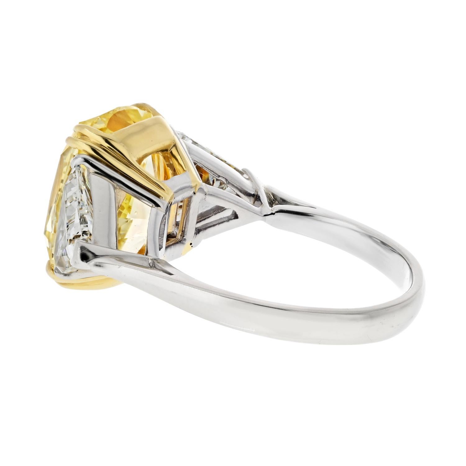8.70 Carat Fancy Yellow Intense Cushion Cut VVS2 GIA Three Stone Engagement Ring In New Condition For Sale In New York, NY