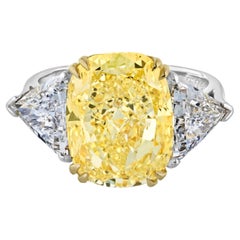 8.70 Carat Fancy Yellow Intense Cushion Cut VVS2 GIA Three Stone Engagement Ring