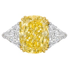 8.70 Carat Fancy Yellow Intense Cushion Cut VVS2 GIA Three Stone Engagement Ring